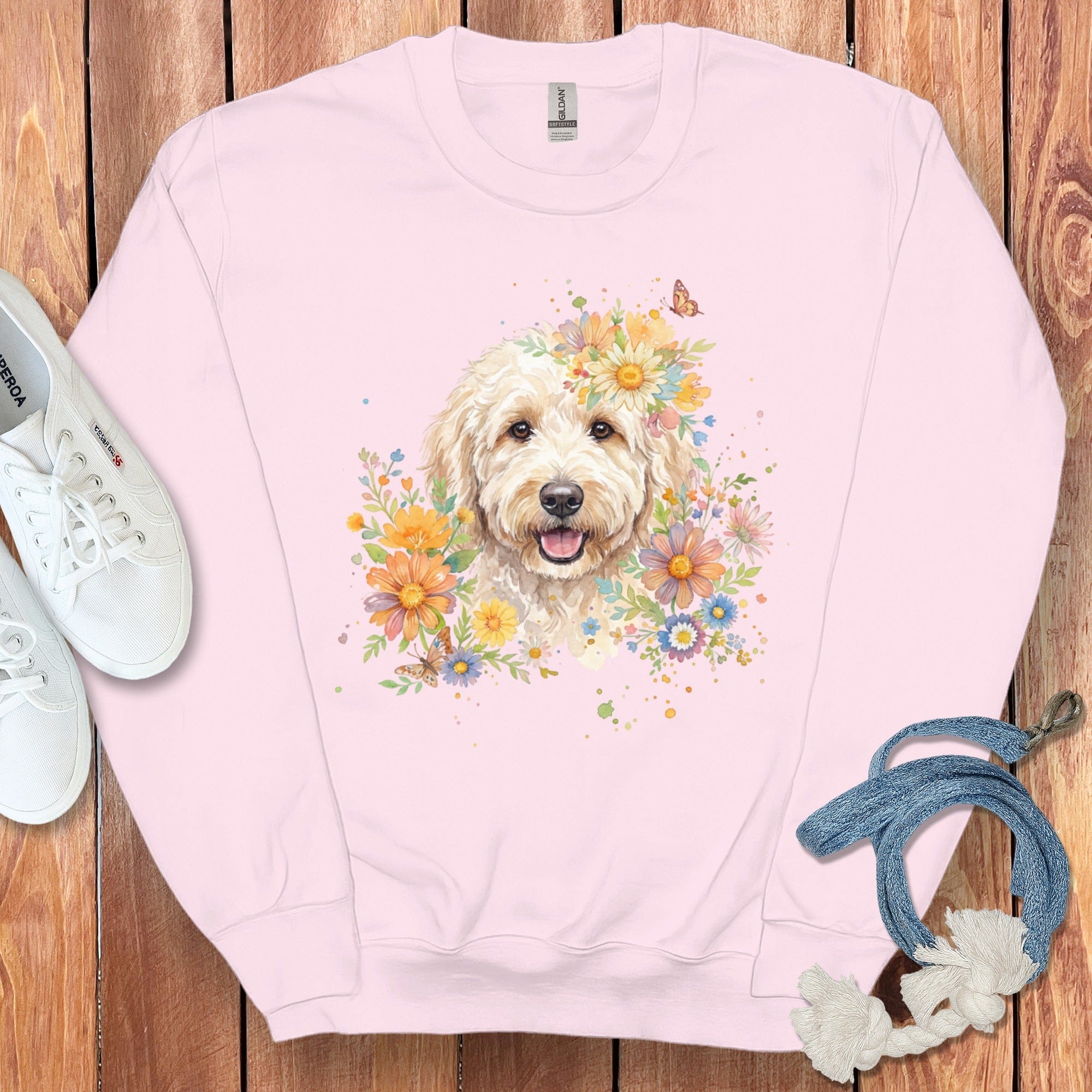 Cream Goldendoodle Floral Sweatshirt in Light Pink / S by Puppy Jo