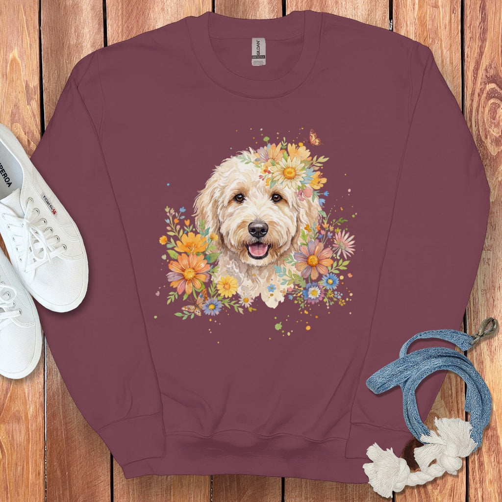Cream Goldendoodle Floral Sweatshirt in Maroon / S by Puppy Jo