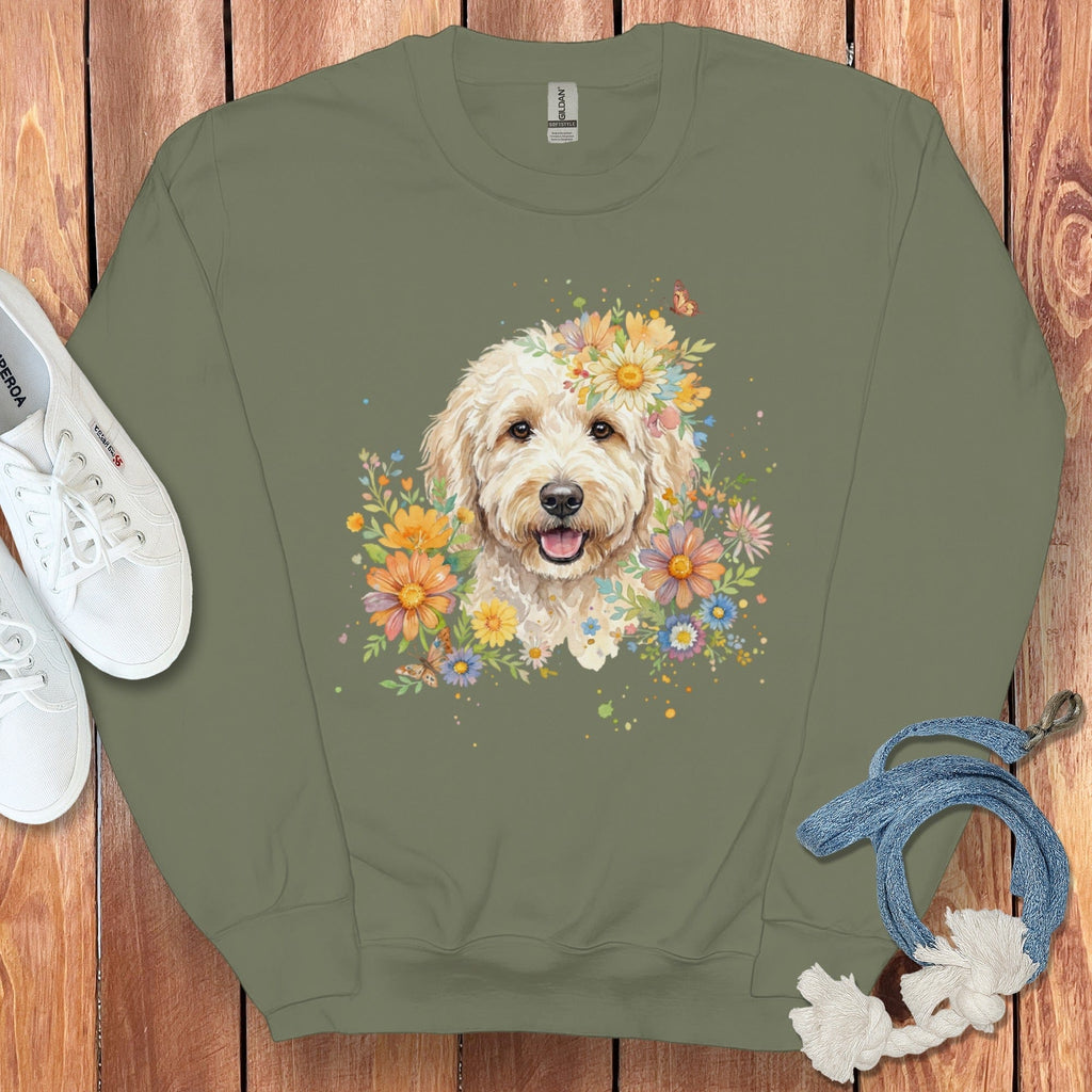 Cream Goldendoodle Floral Sweatshirt in Military Green / S by Puppy Jo