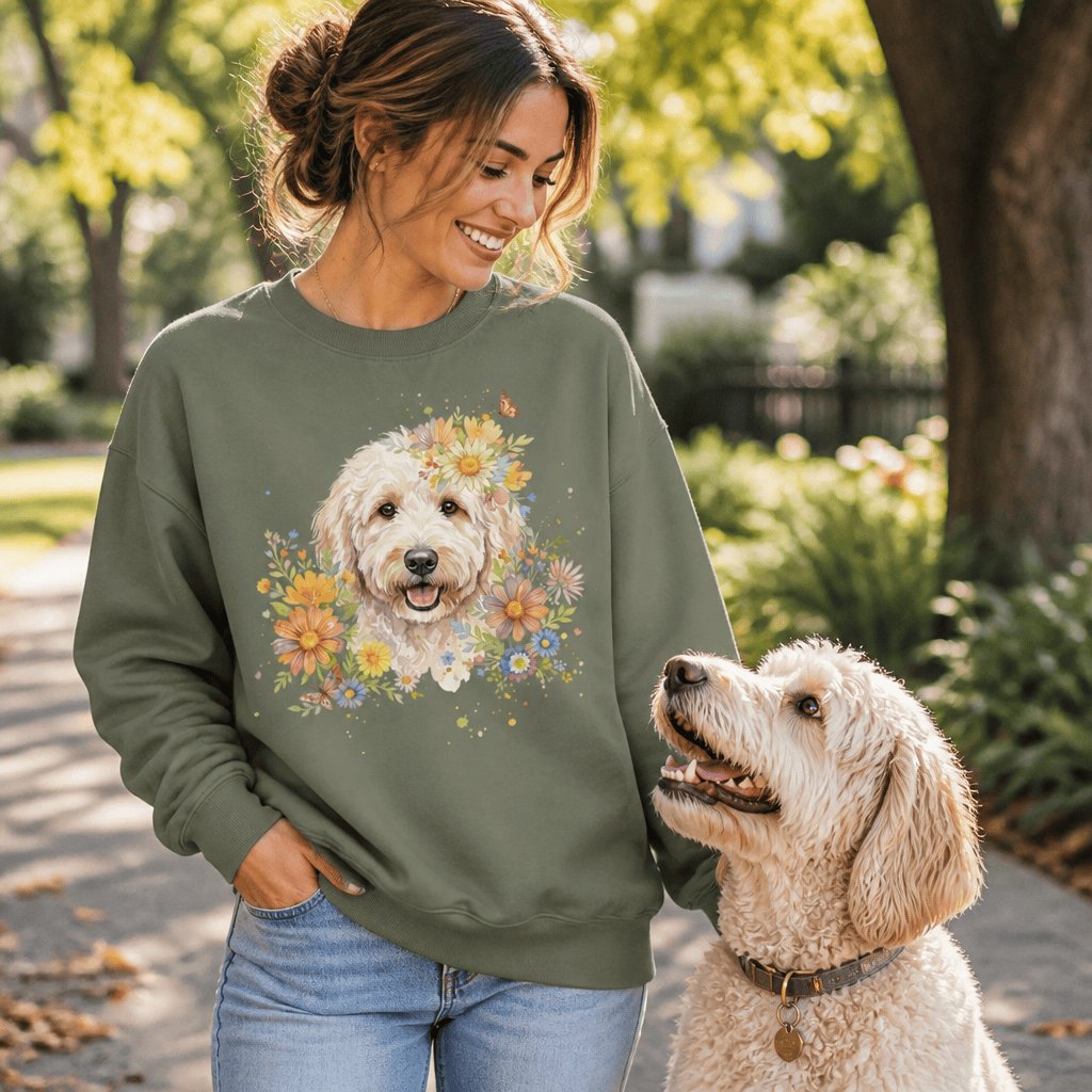 Cream Goldendoodle Floral Sweatshirt in by Puppy Jo