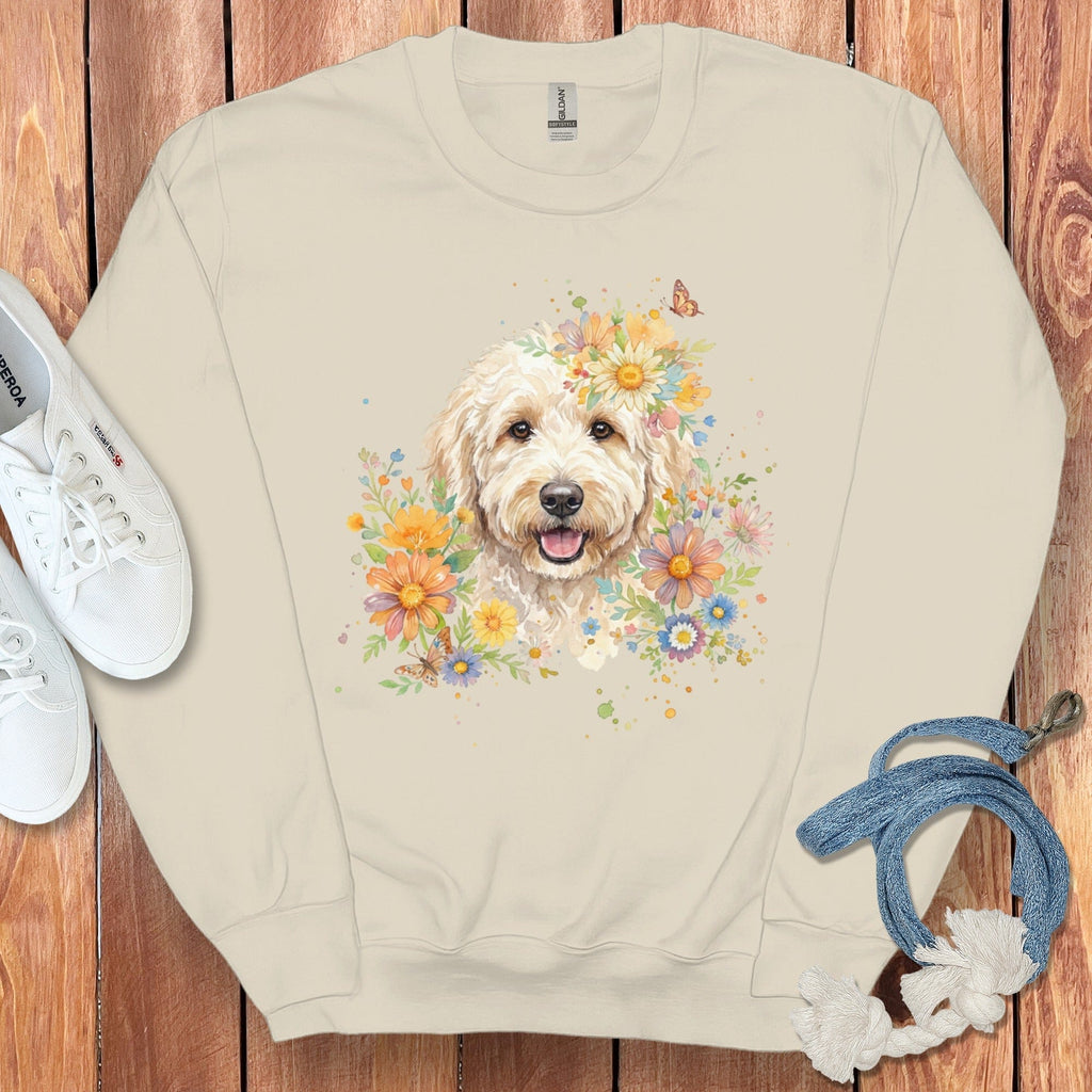 Cream Goldendoodle Floral Sweatshirt in Sand / S by Puppy Jo