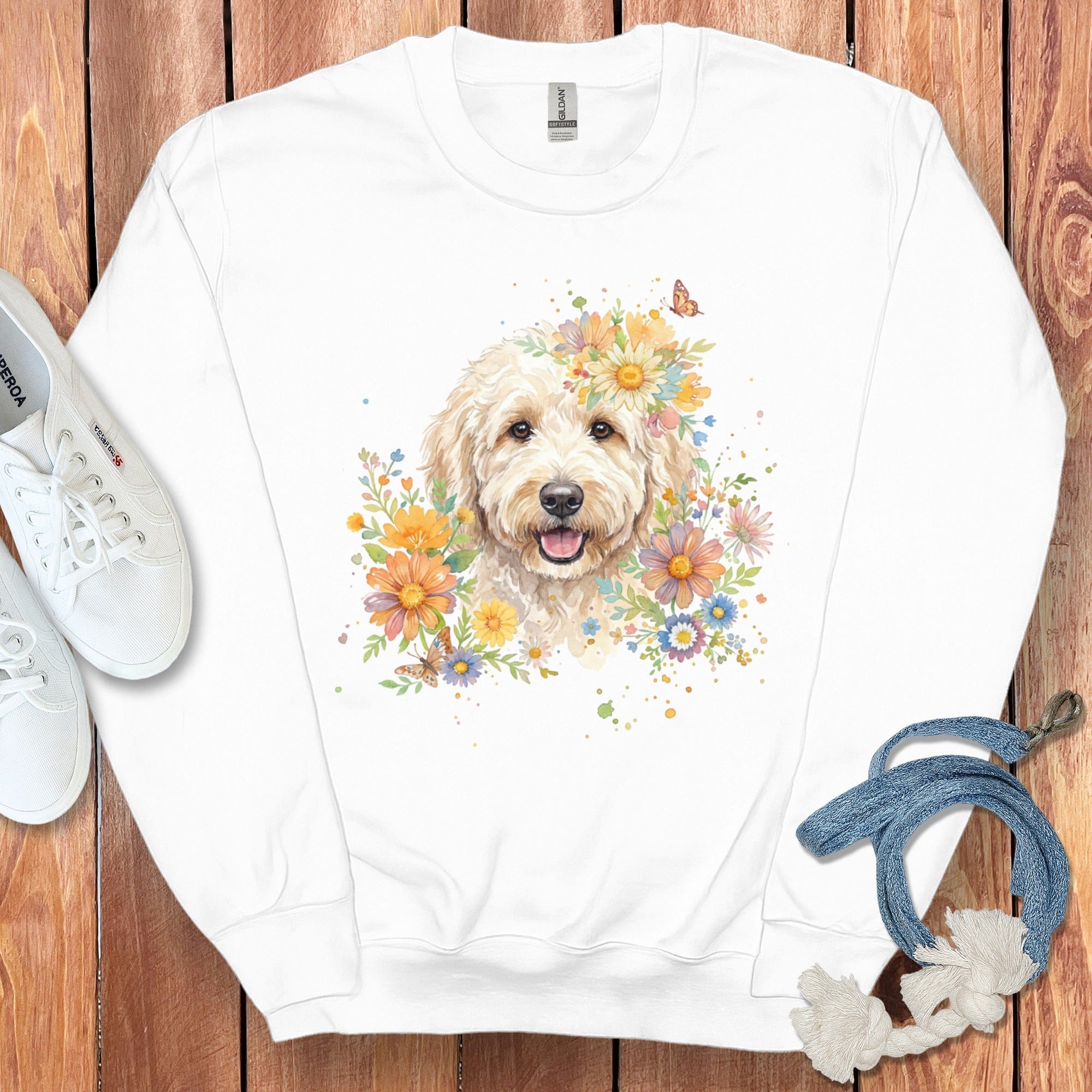 Cream Goldendoodle Floral Sweatshirt in White / S by Puppy Jo