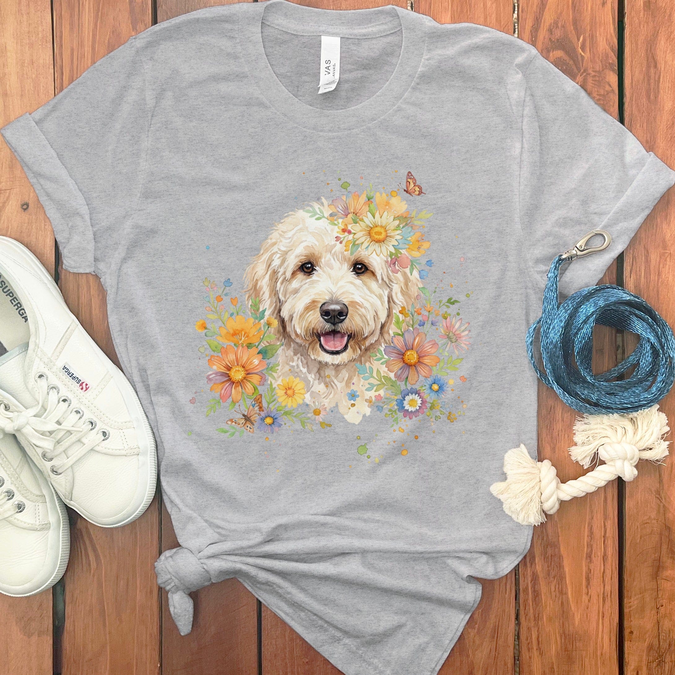 Cream Goldendoodle Floral T-Shirt in Athletic Heather / S by Puppy Jo