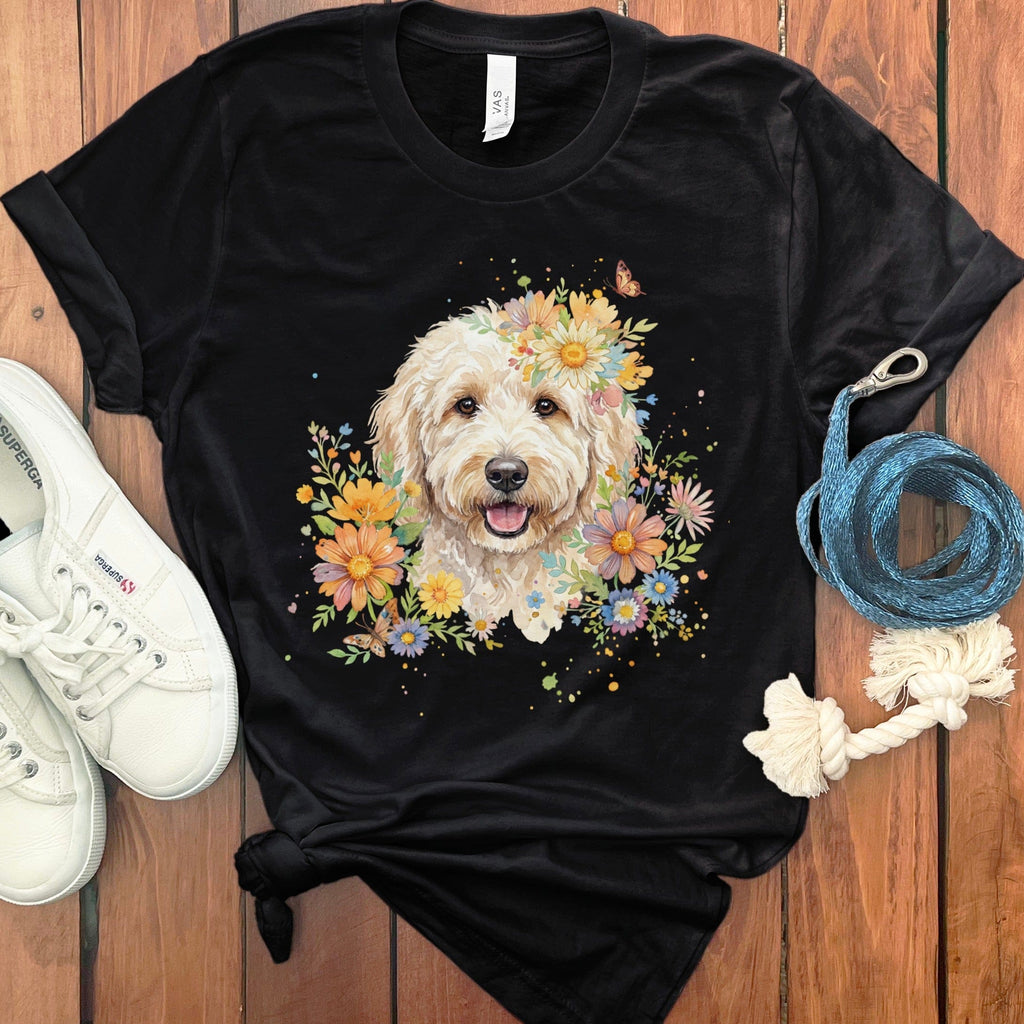 Cream Goldendoodle Floral T-Shirt in Black / S by Puppy Jo