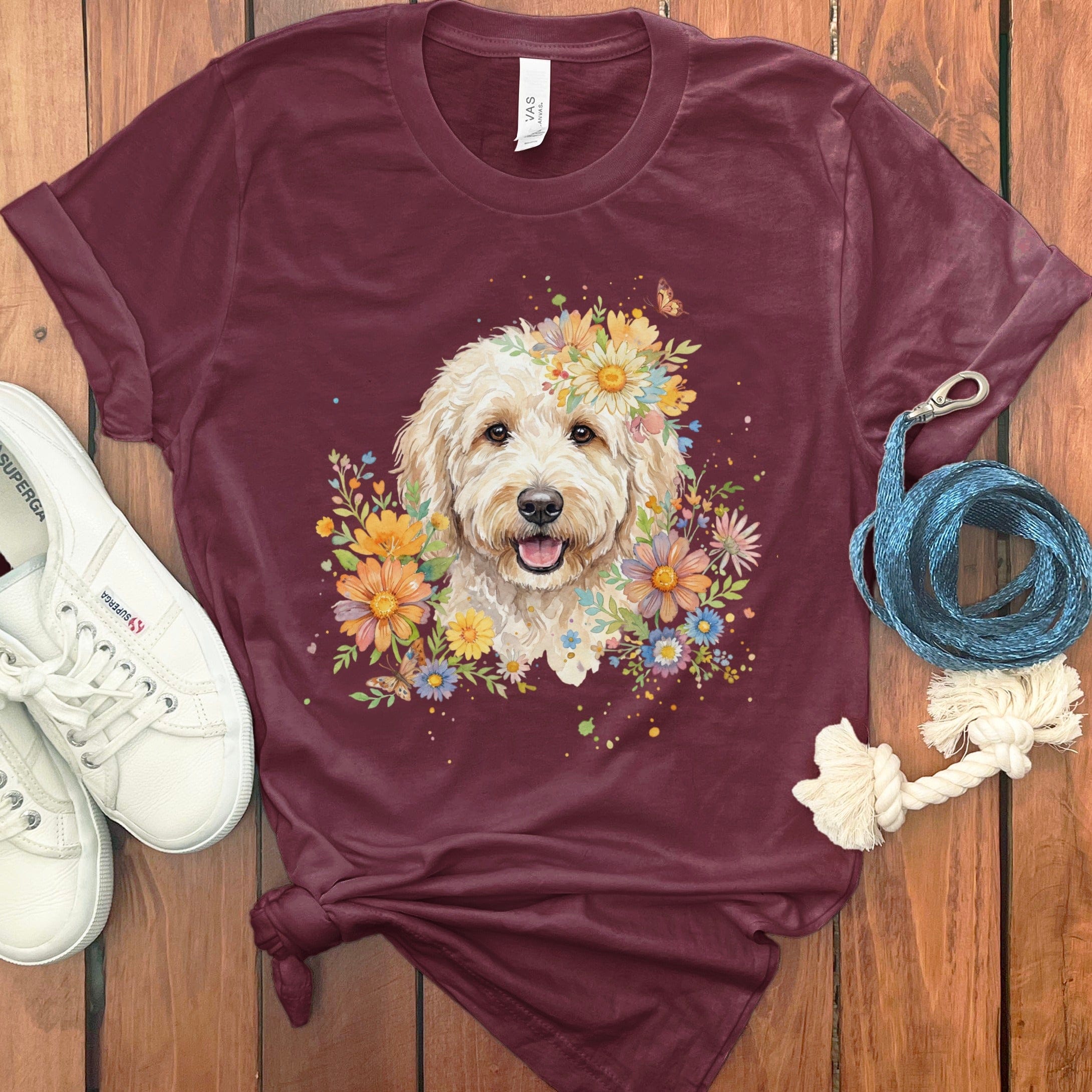 Cream Goldendoodle Floral T-Shirt in Maroon / S by Puppy Jo