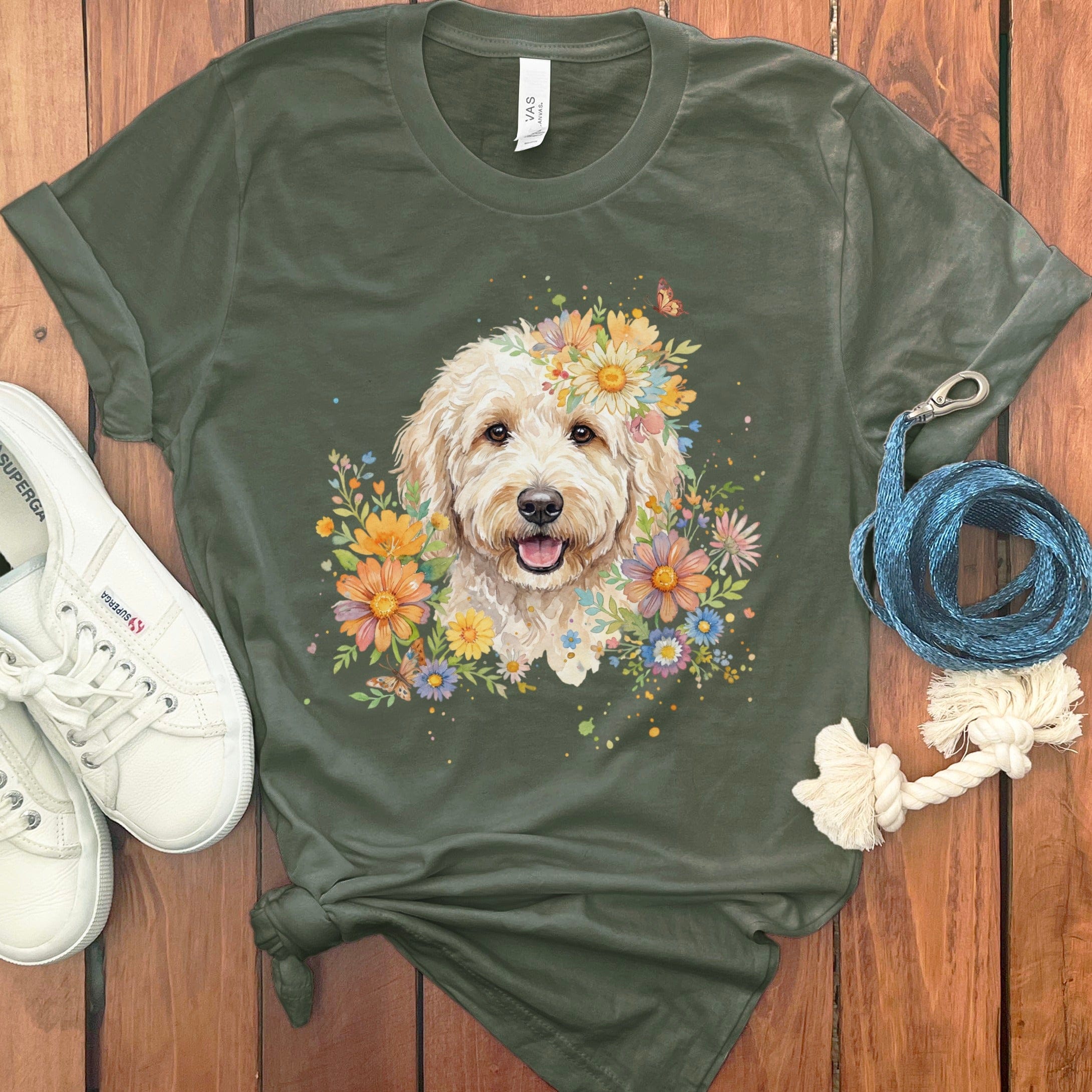 Cream Goldendoodle Floral T-Shirt in Military Green / S by Puppy Jo