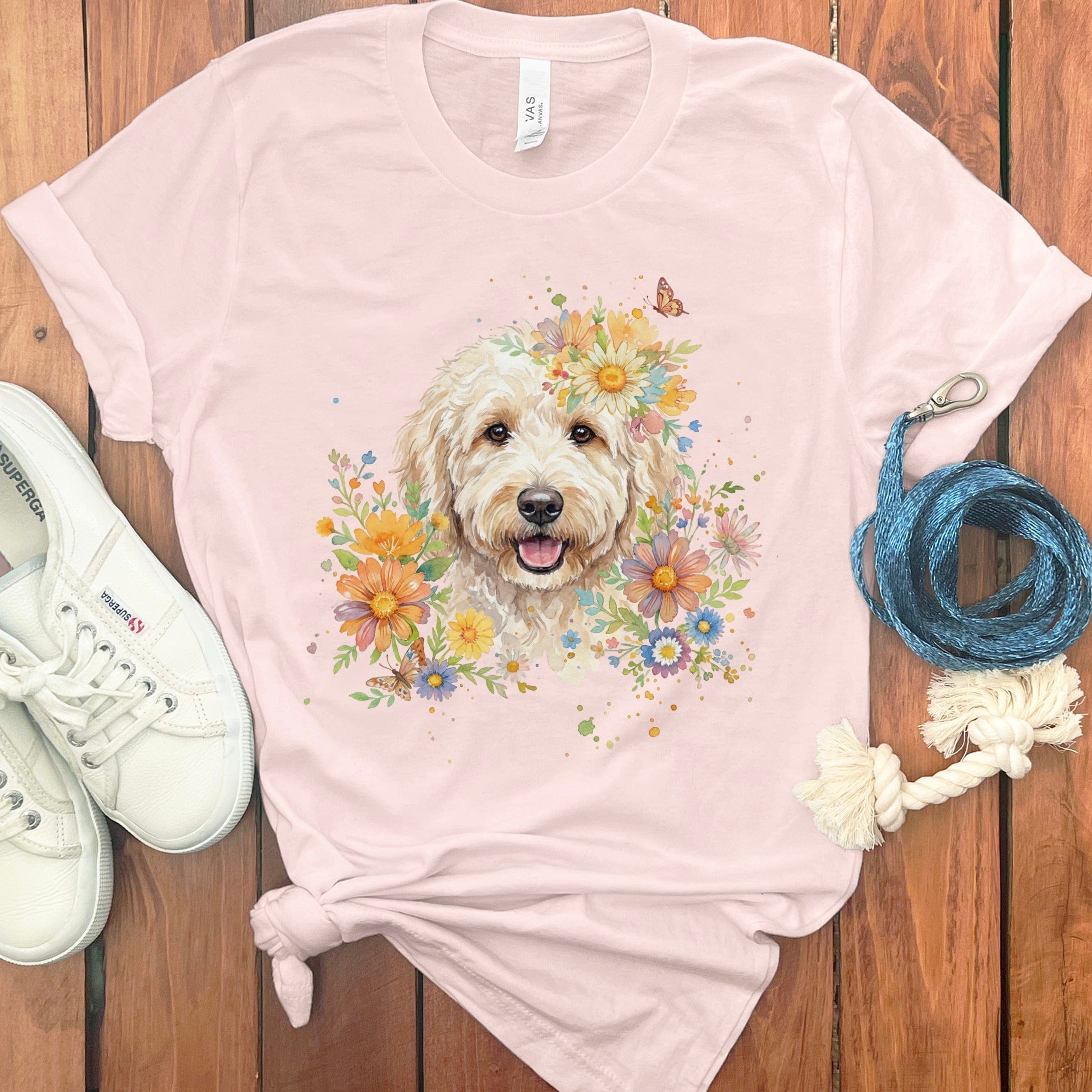 Cream Goldendoodle Floral T-Shirt in Soft Pink / S by Puppy Jo