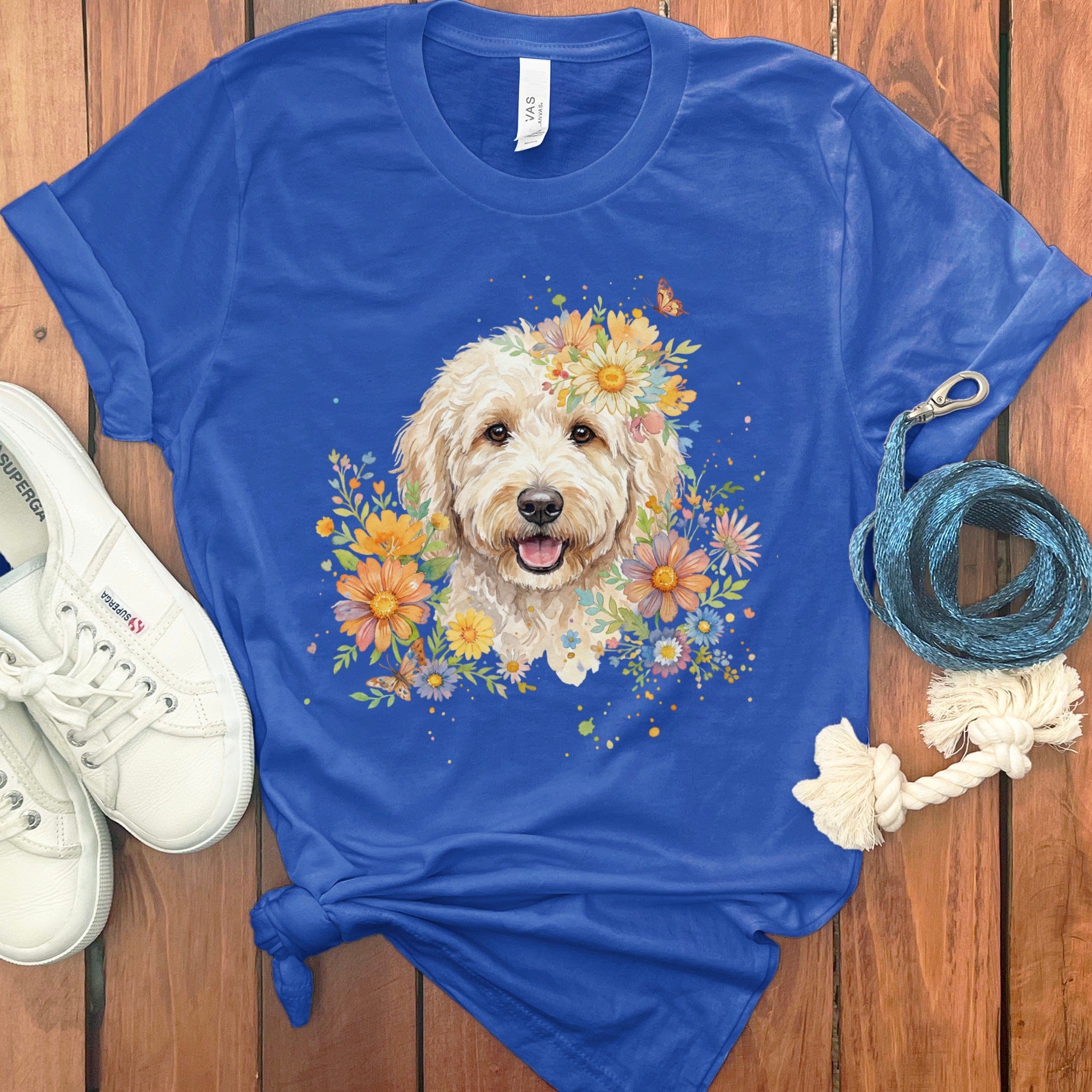 Cream Goldendoodle Floral T-Shirt in True Royal / S by Puppy Jo