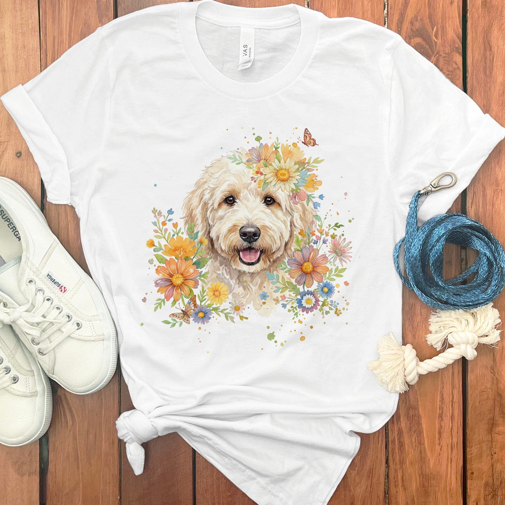 Cream Goldendoodle Floral T-Shirt in White / S by Puppy Jo