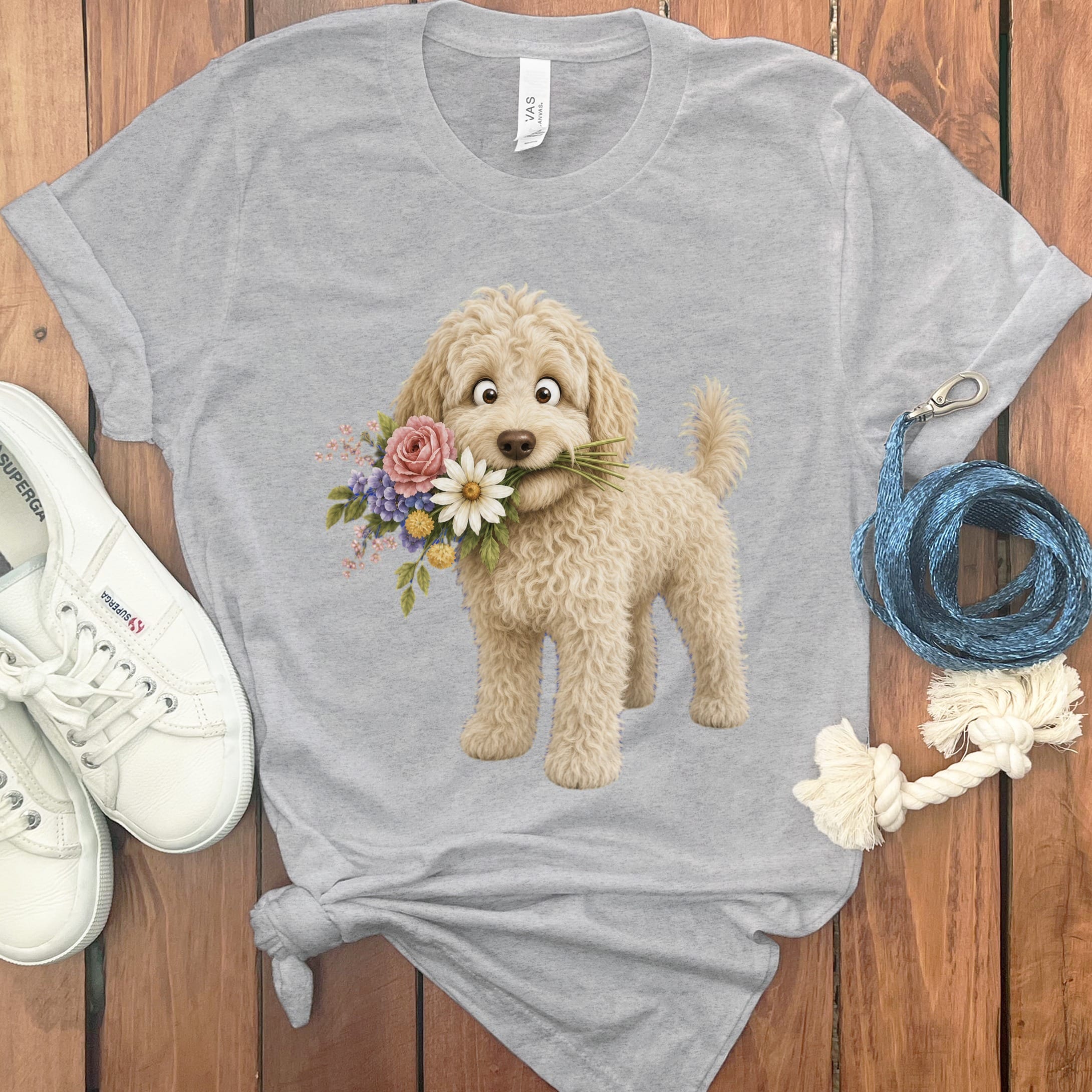 Cream Goldendoodle Flower Shop T-Shirt in Athletic Heather / S by Puppy Jo