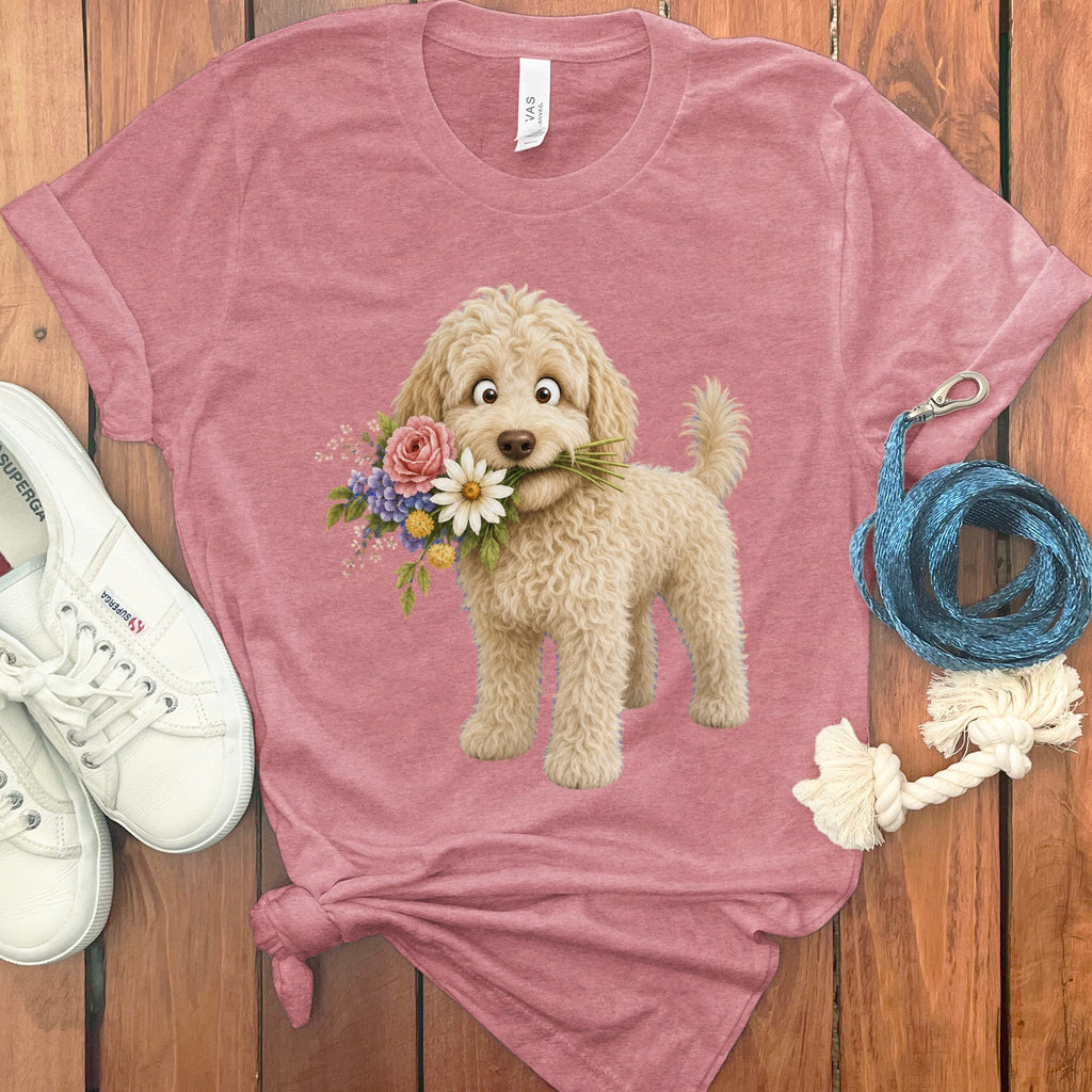 Cream Goldendoodle Flower Shop T-Shirt in Heather Mauve / S by Puppy Jo