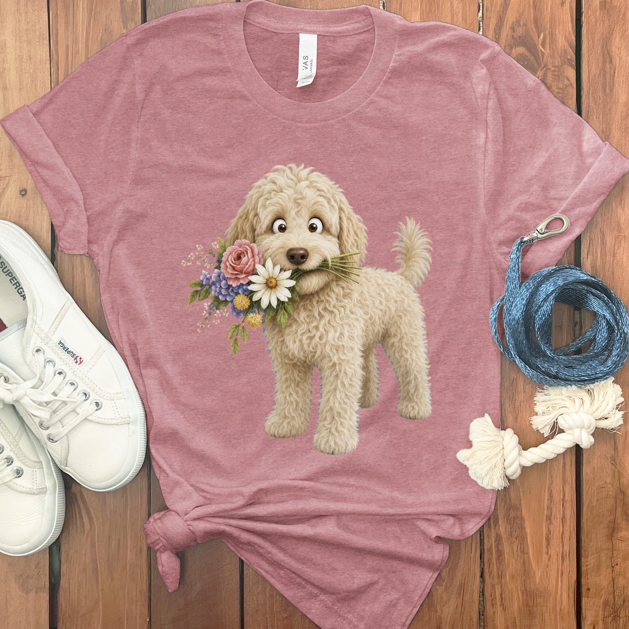 Cream Goldendoodle Flower Shop T-Shirt in Heather Mauve / S by Puppy Jo