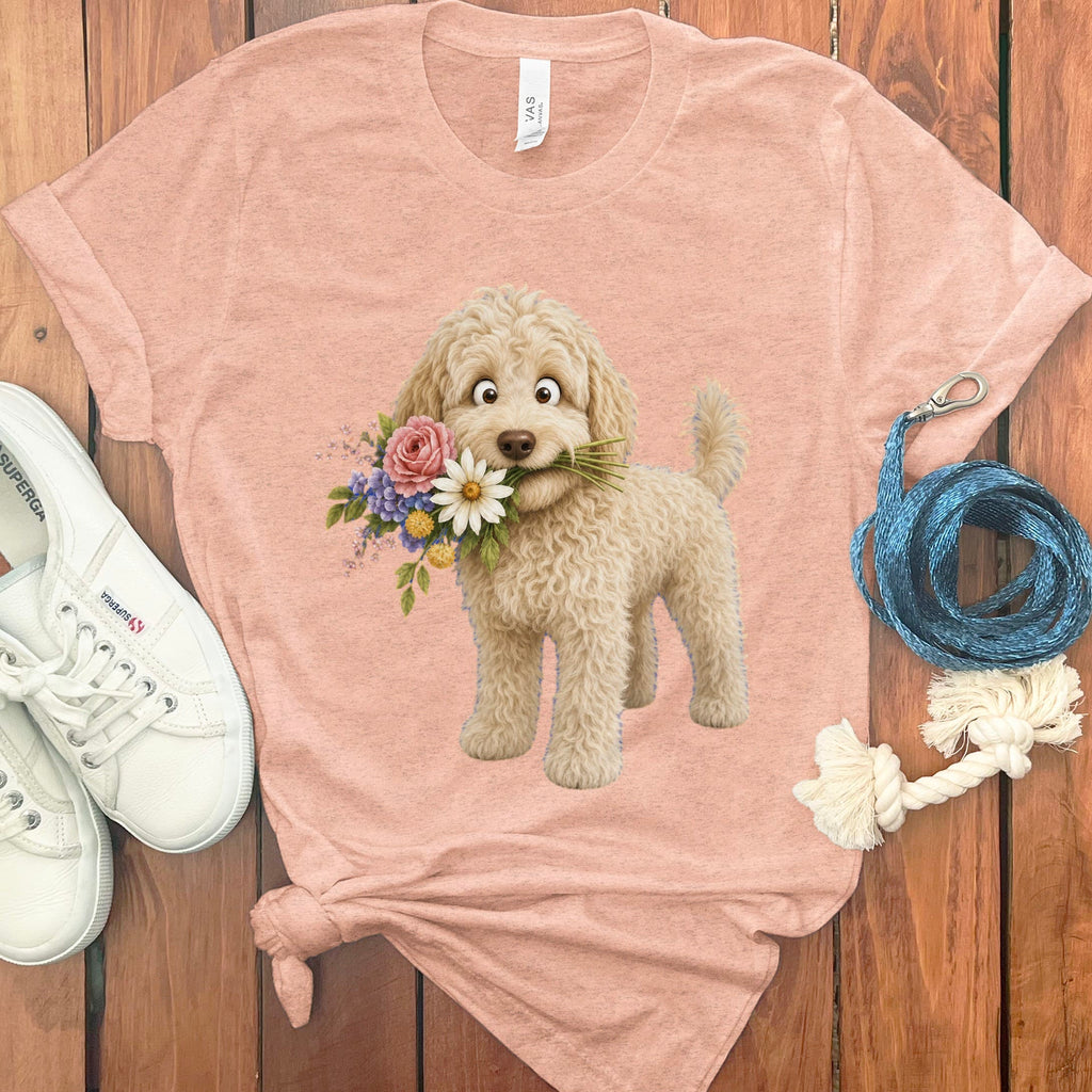 Cream Goldendoodle Flower Shop T-Shirt in Heather Peach / S by Puppy Jo