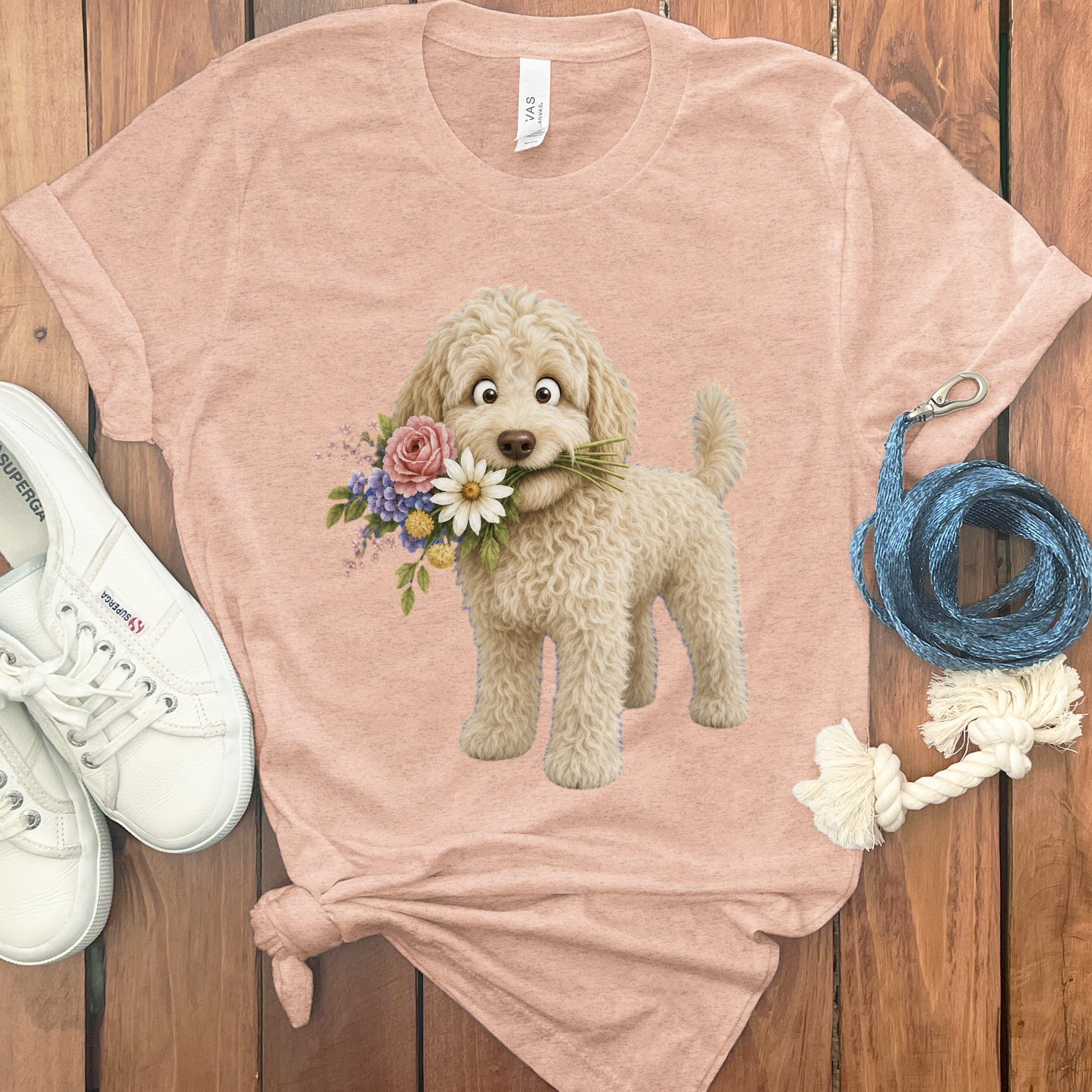 Cream Goldendoodle Flower Shop T-Shirt in Heather Peach / S by Puppy Jo