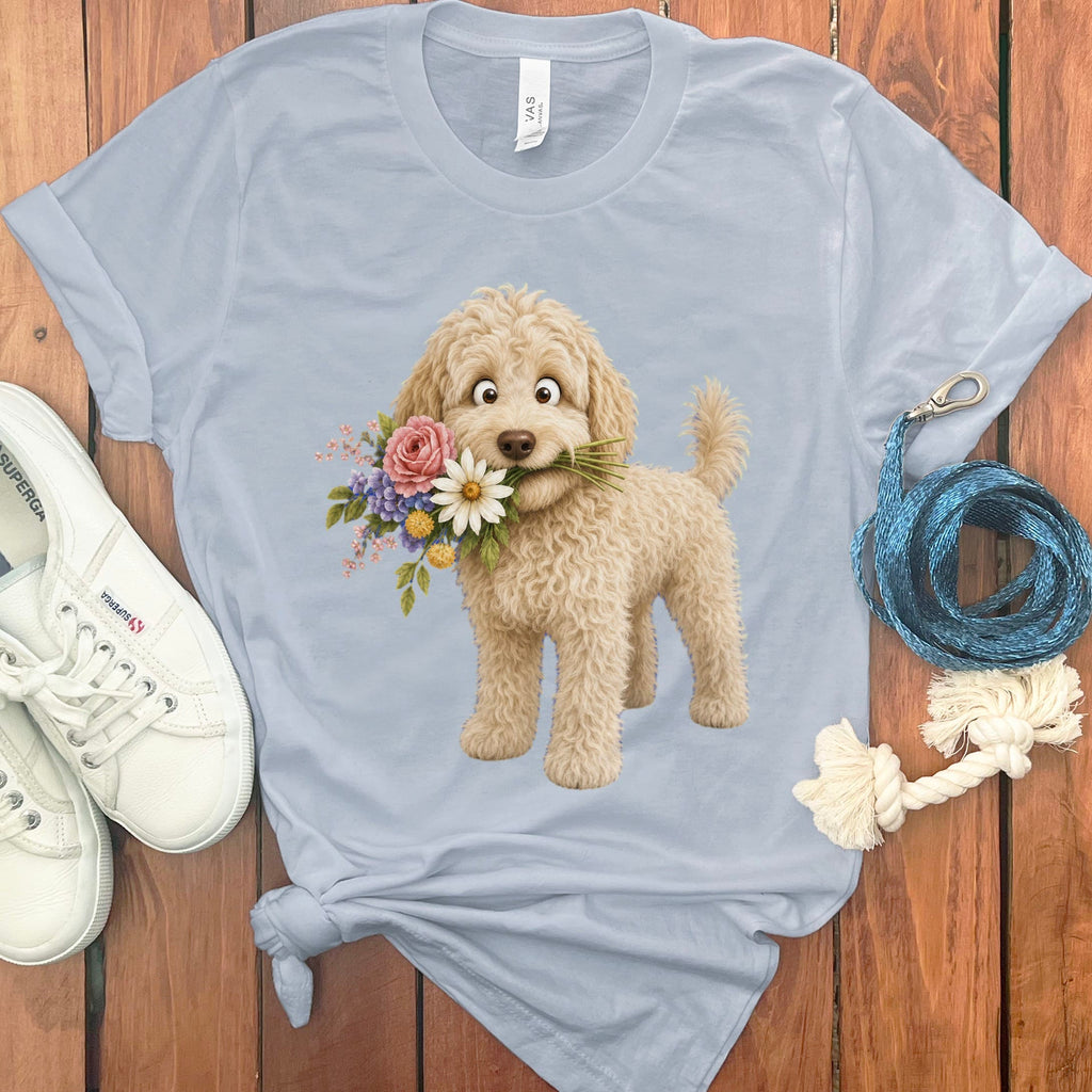 Cream Goldendoodle Flower Shop T-Shirt in Light Blue / S by Puppy Jo