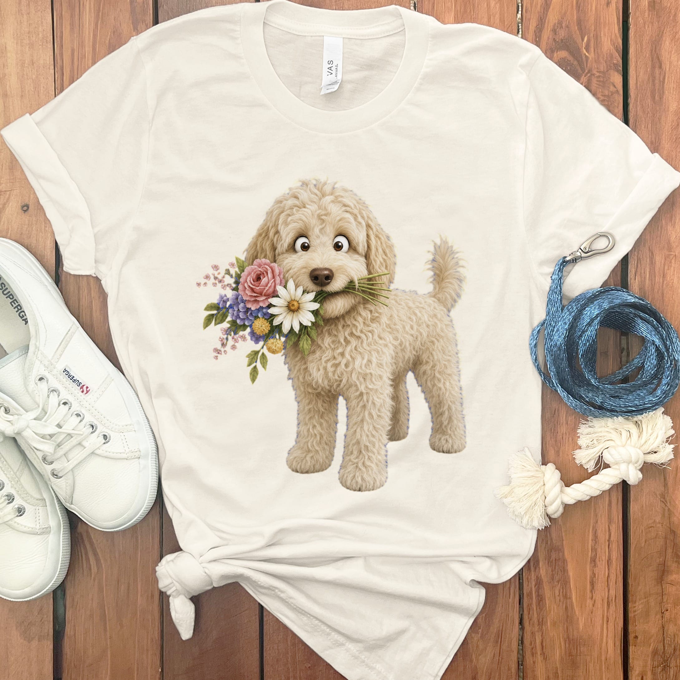 Cream Goldendoodle Flower Shop T-Shirt in Natural / S by Puppy Jo