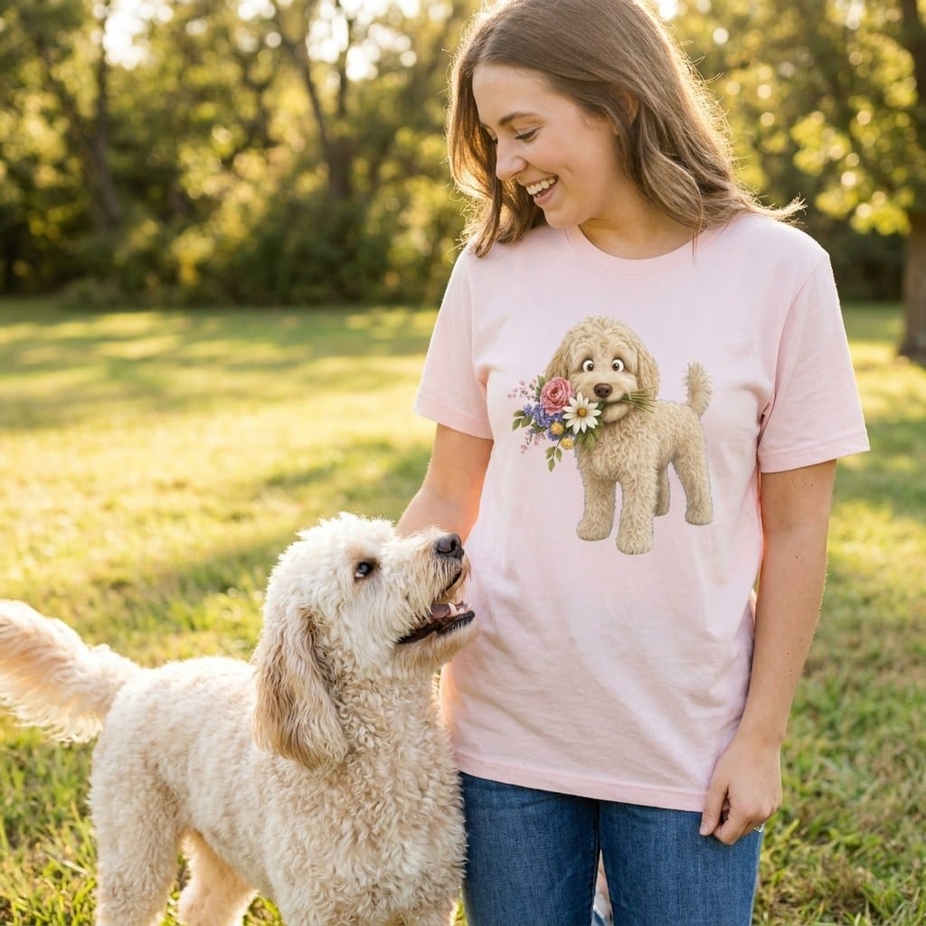 Cream Goldendoodle Flower Shop T-Shirt in by Puppy Jo