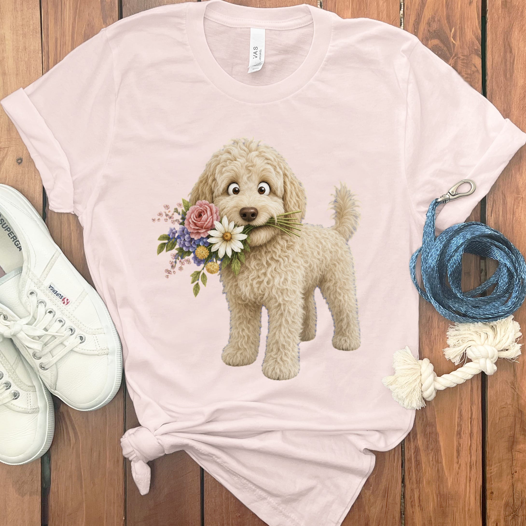 Cream Goldendoodle Flower Shop T-Shirt in Soft Pink / S by Puppy Jo