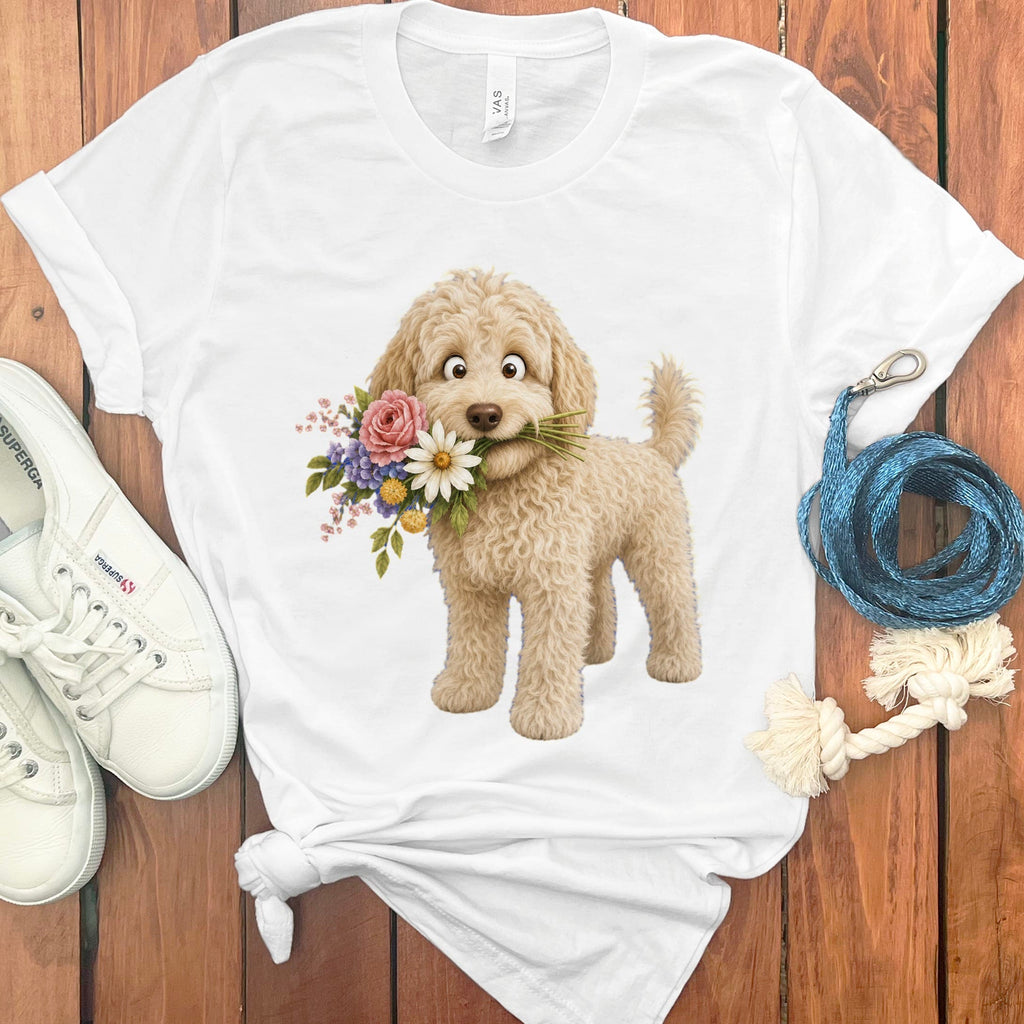 Cream Goldendoodle Flower Shop T-Shirt in White / S by Puppy Jo