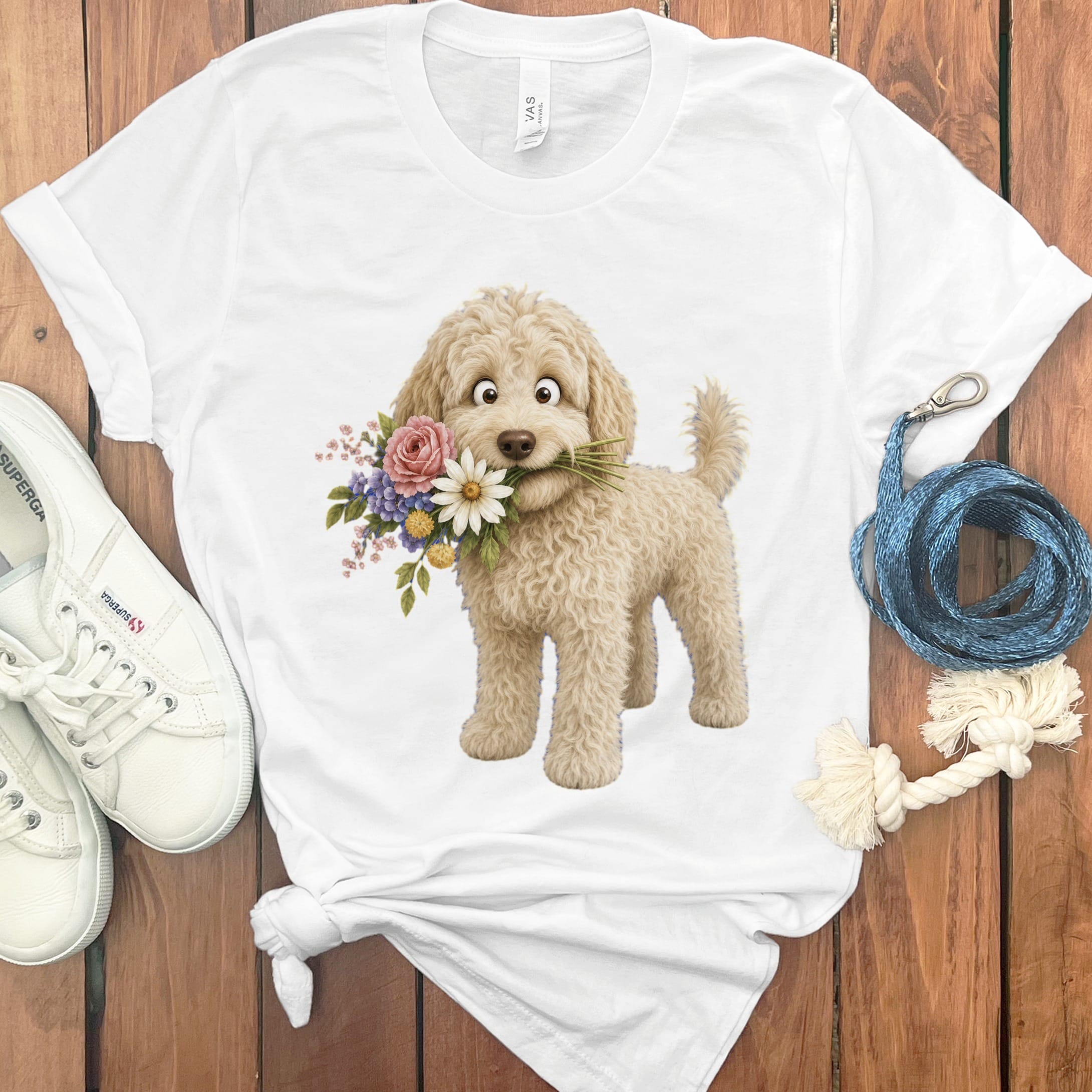 Cream Goldendoodle Flower Shop T-Shirt in White / S by Puppy Jo