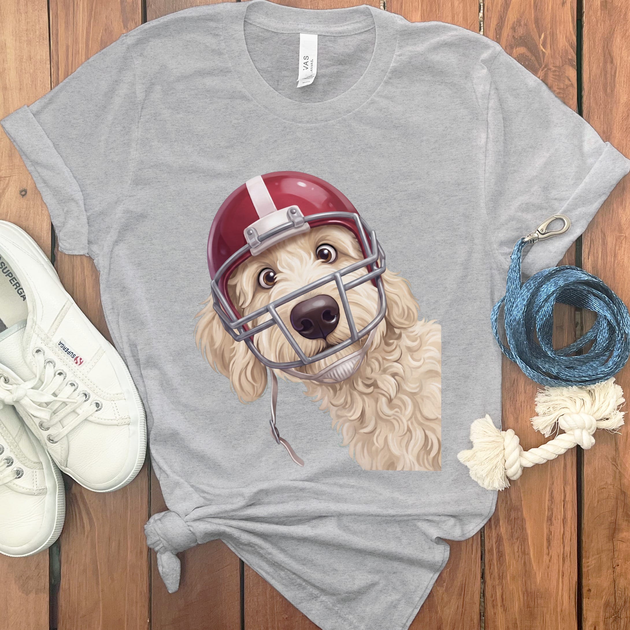 Cream Goldendoodle Football Helmet T-Shirt in Athletic Heather / S by Puppy Jo