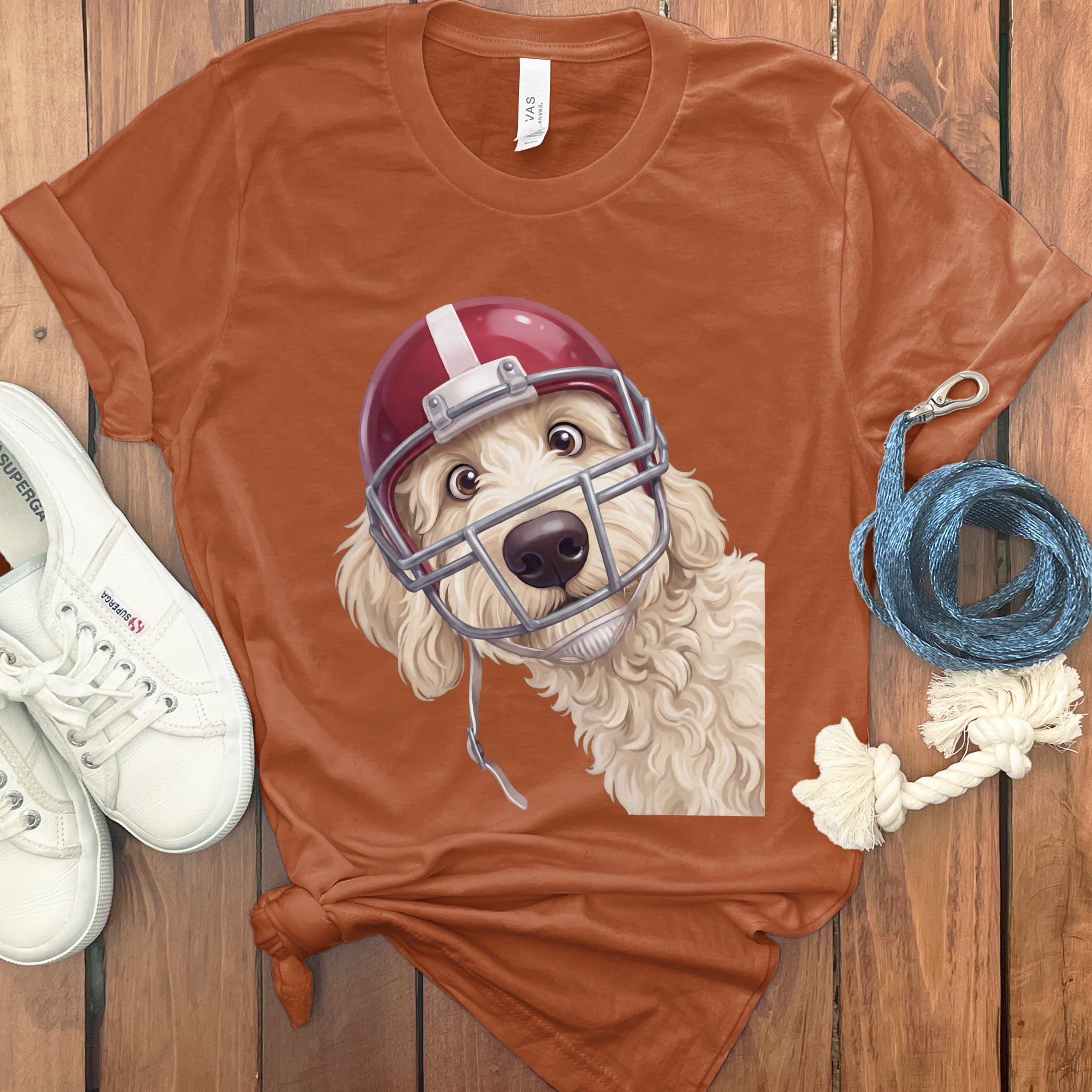 Cream Goldendoodle Football Helmet T-Shirt in Autumn / S by Puppy Jo