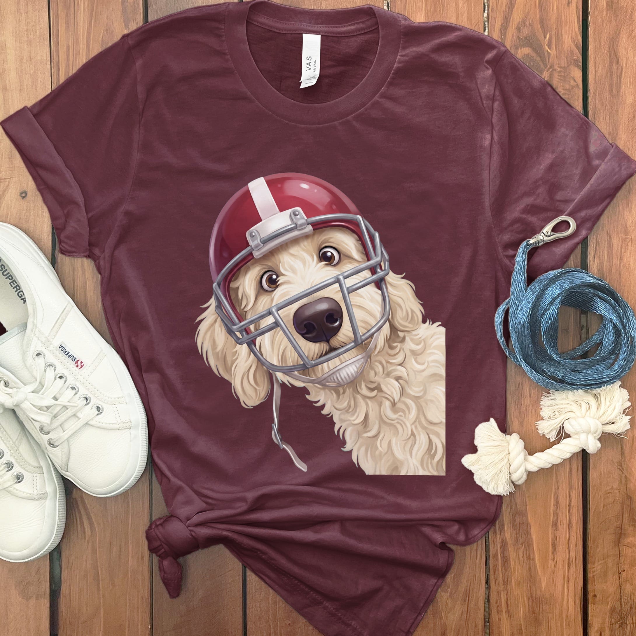 Cream Goldendoodle Football Helmet T-Shirt in Maroon / S by Puppy Jo