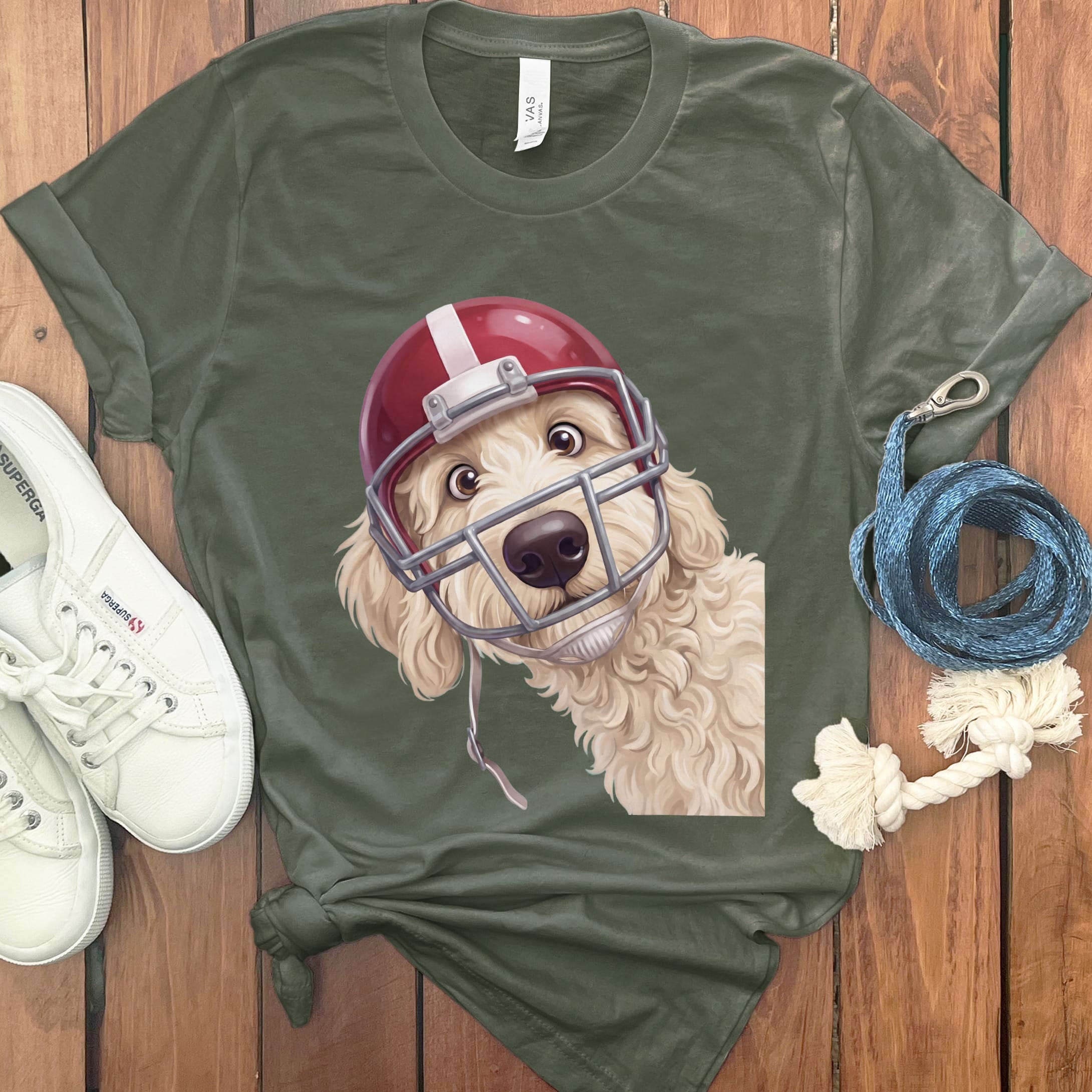 Cream Goldendoodle Football Helmet T-Shirt in Military Green / S by Puppy Jo
