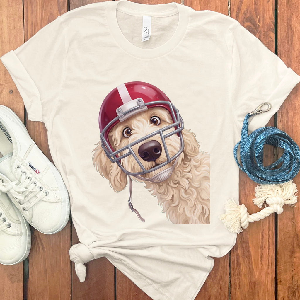 Cream Goldendoodle Football Helmet T-Shirt in Natural / S by Puppy Jo