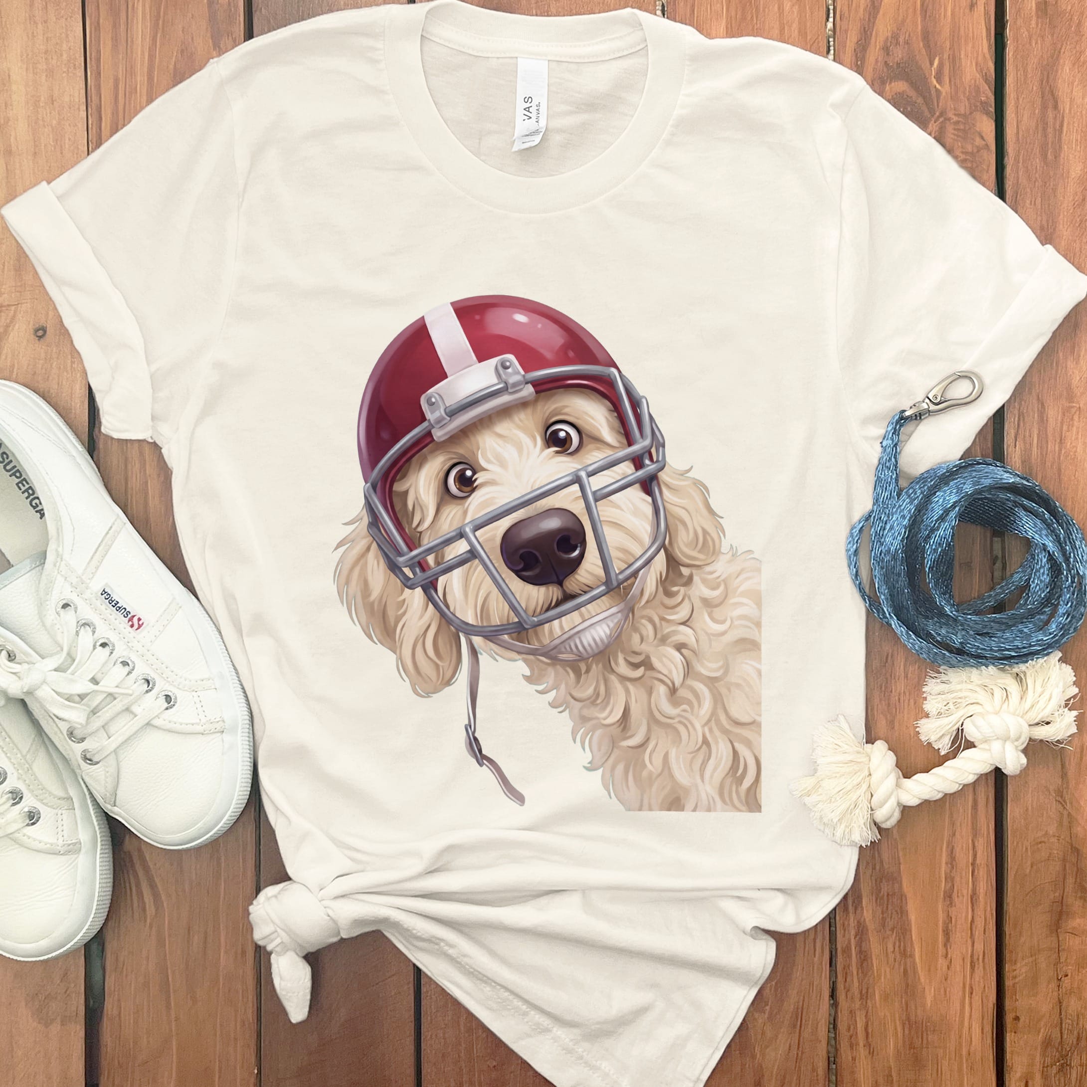Cream Goldendoodle Football Helmet T-Shirt in Natural / S by Puppy Jo