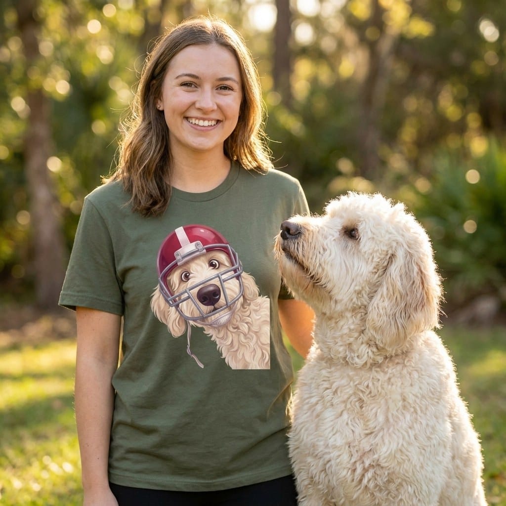 Cream Goldendoodle Football Helmet T-Shirt in by Puppy Jo