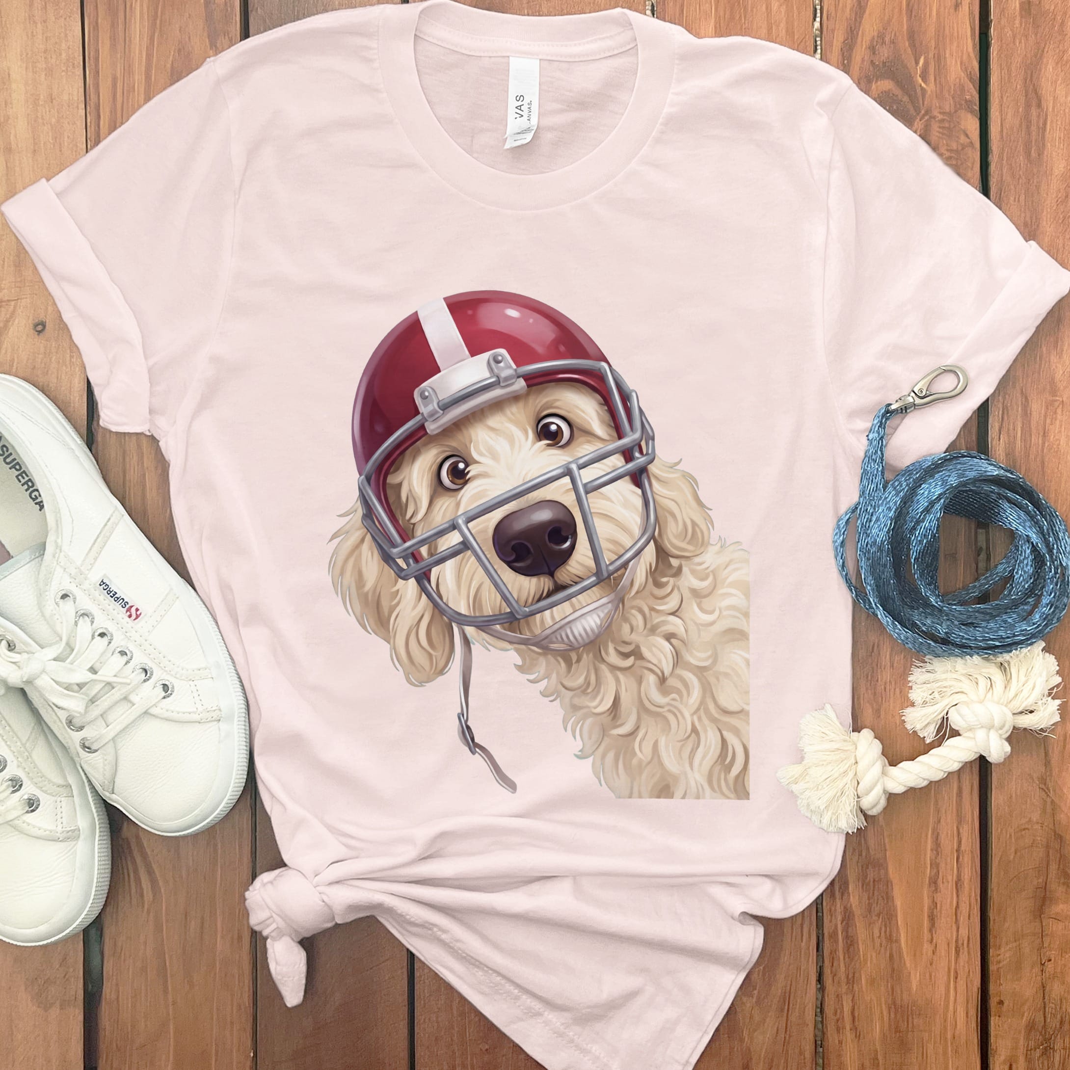 Cream Goldendoodle Football Helmet T-Shirt in Soft Pink / S by Puppy Jo