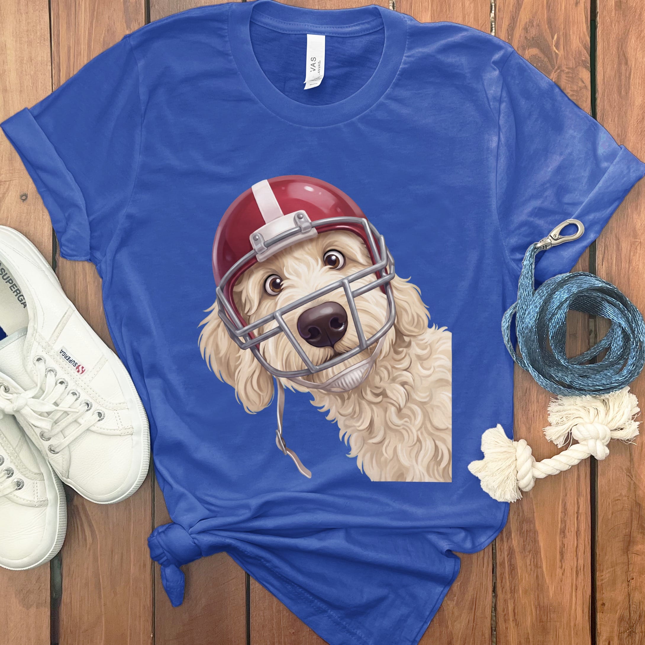 Cream Goldendoodle Football Helmet T-Shirt in True Royal / S by Puppy Jo