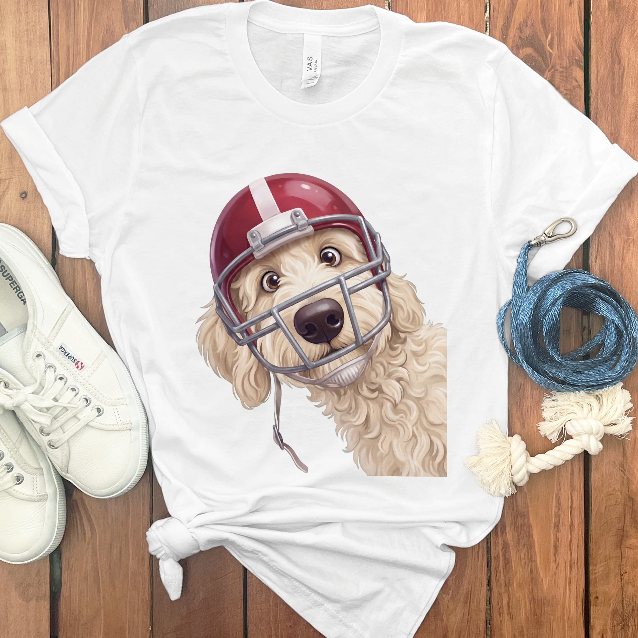 Cream Goldendoodle Football Helmet T-Shirt in White / S by Puppy Jo