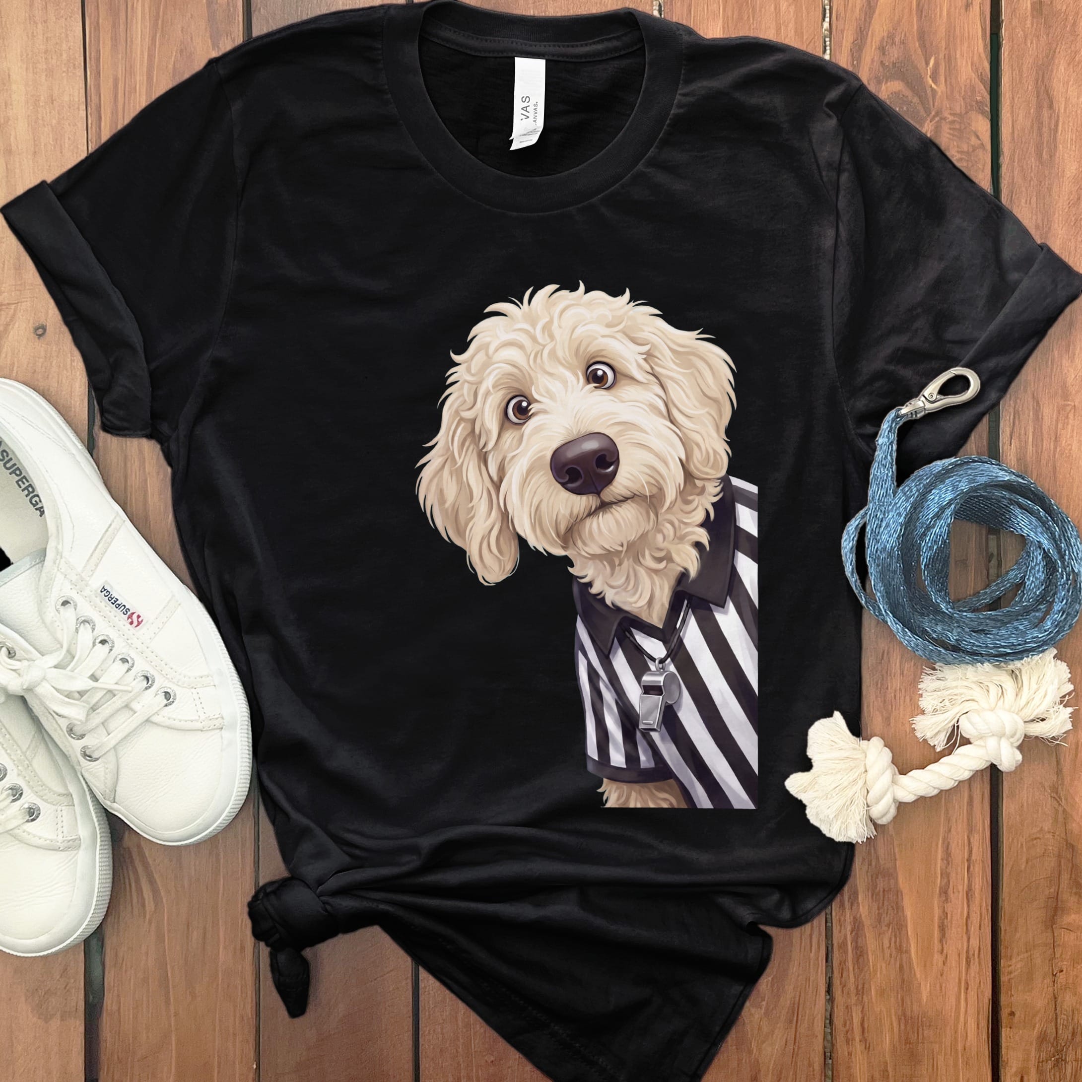 Cream Goldendoodle Football Referee T-Shirt in Black / S by Puppy Jo