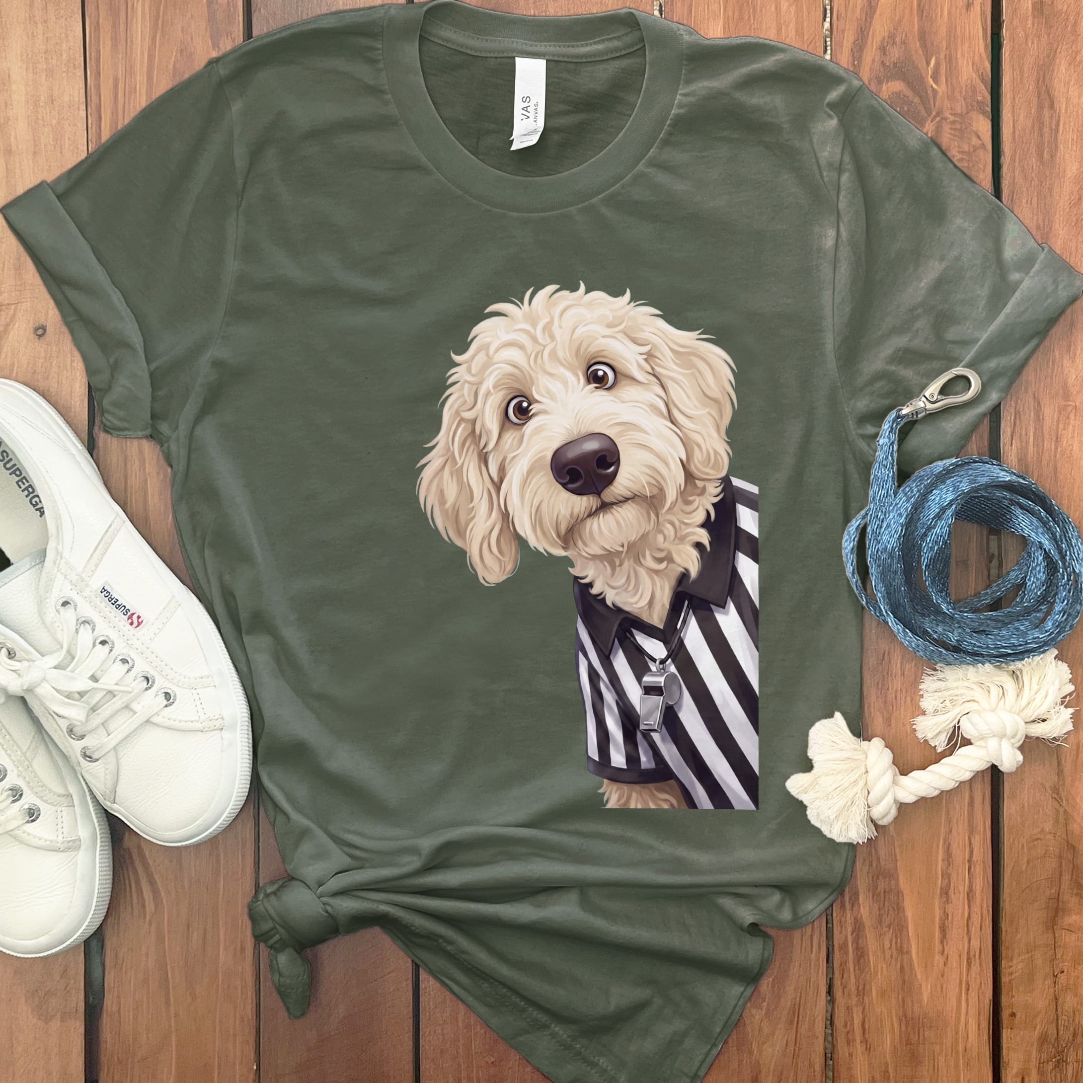 Cream Goldendoodle Football Referee T-Shirt in Military Green / S by Puppy Jo