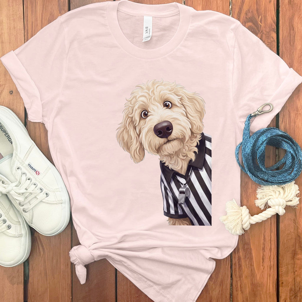 Cream Goldendoodle Football Referee T-Shirt in Soft Pink / S by Puppy Jo
