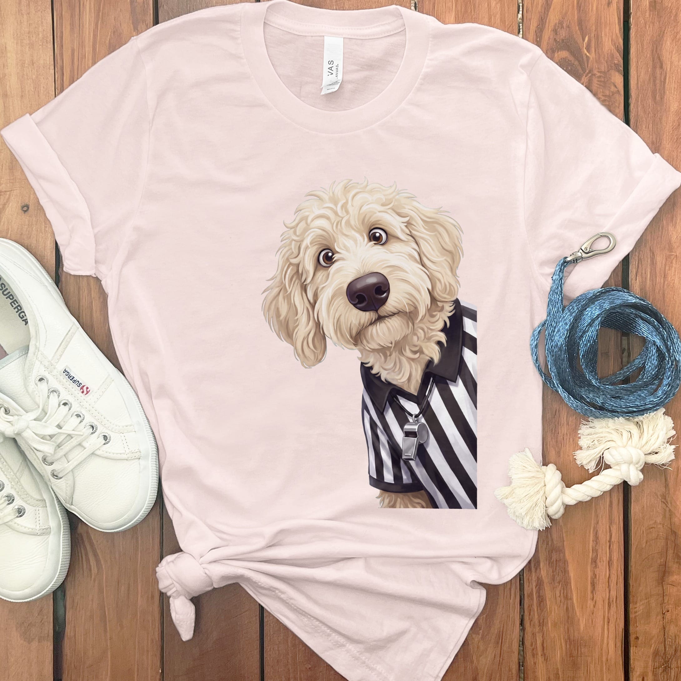 Cream Goldendoodle Football Referee T-Shirt in Soft Pink / S by Puppy Jo