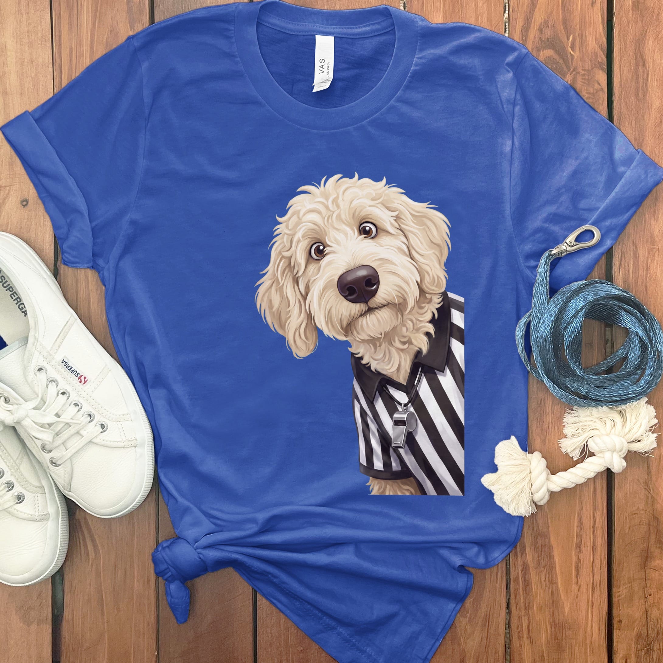 Cream Goldendoodle Football Referee T-Shirt in True Royal / S by Puppy Jo
