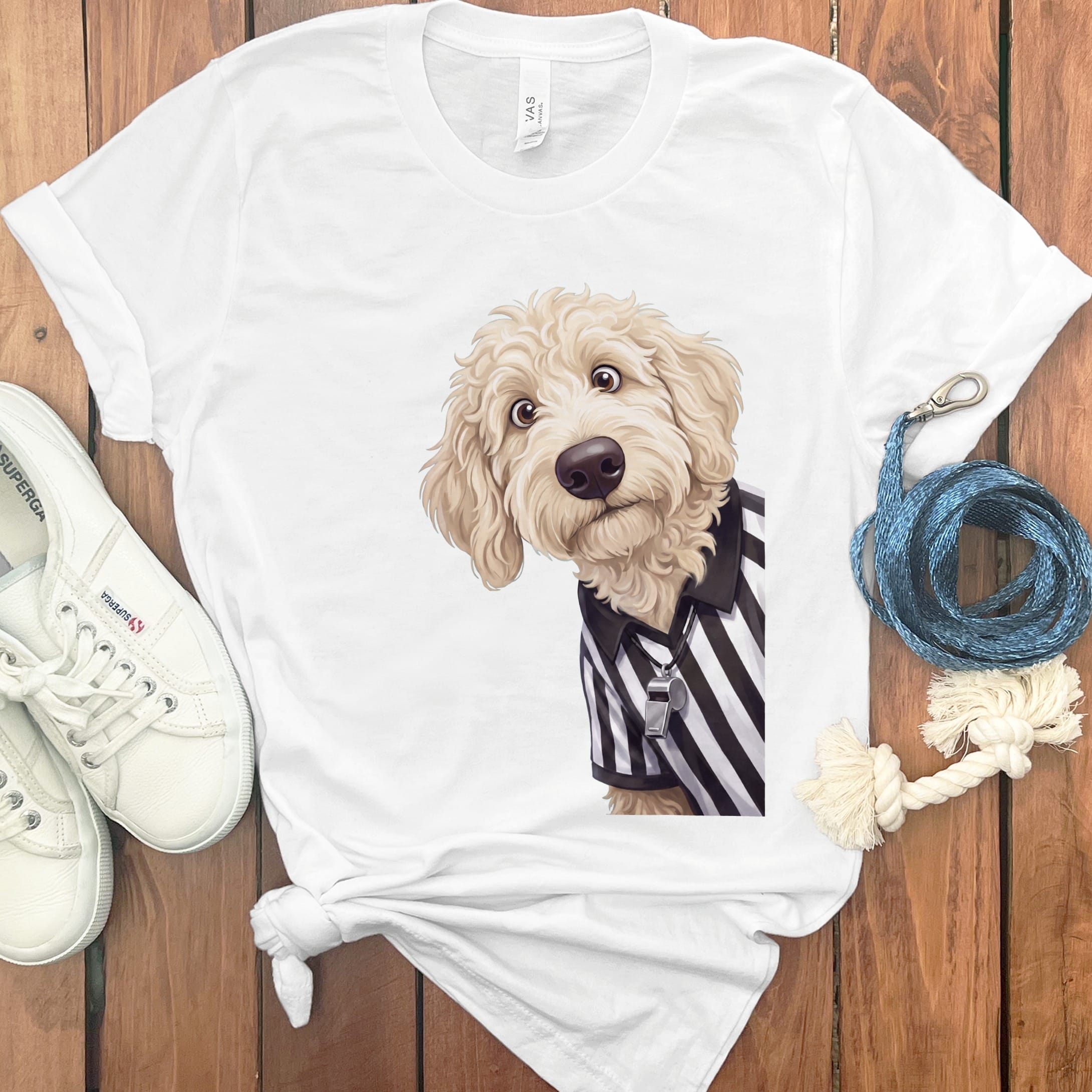 Cream Goldendoodle Football Referee T-Shirt in White / S by Puppy Jo