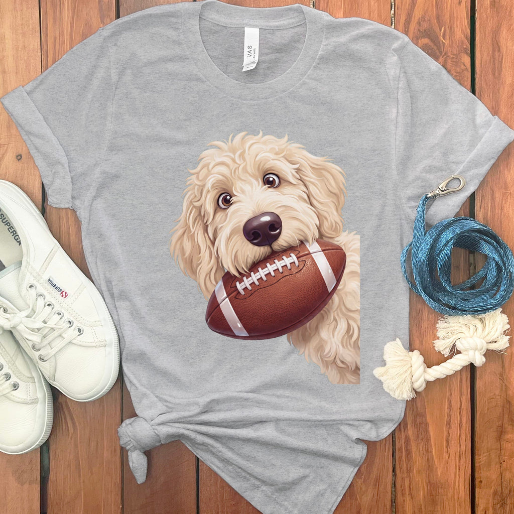 Cream Goldendoodle Football T-Shirt in Athletic Heather / S by Puppy Jo