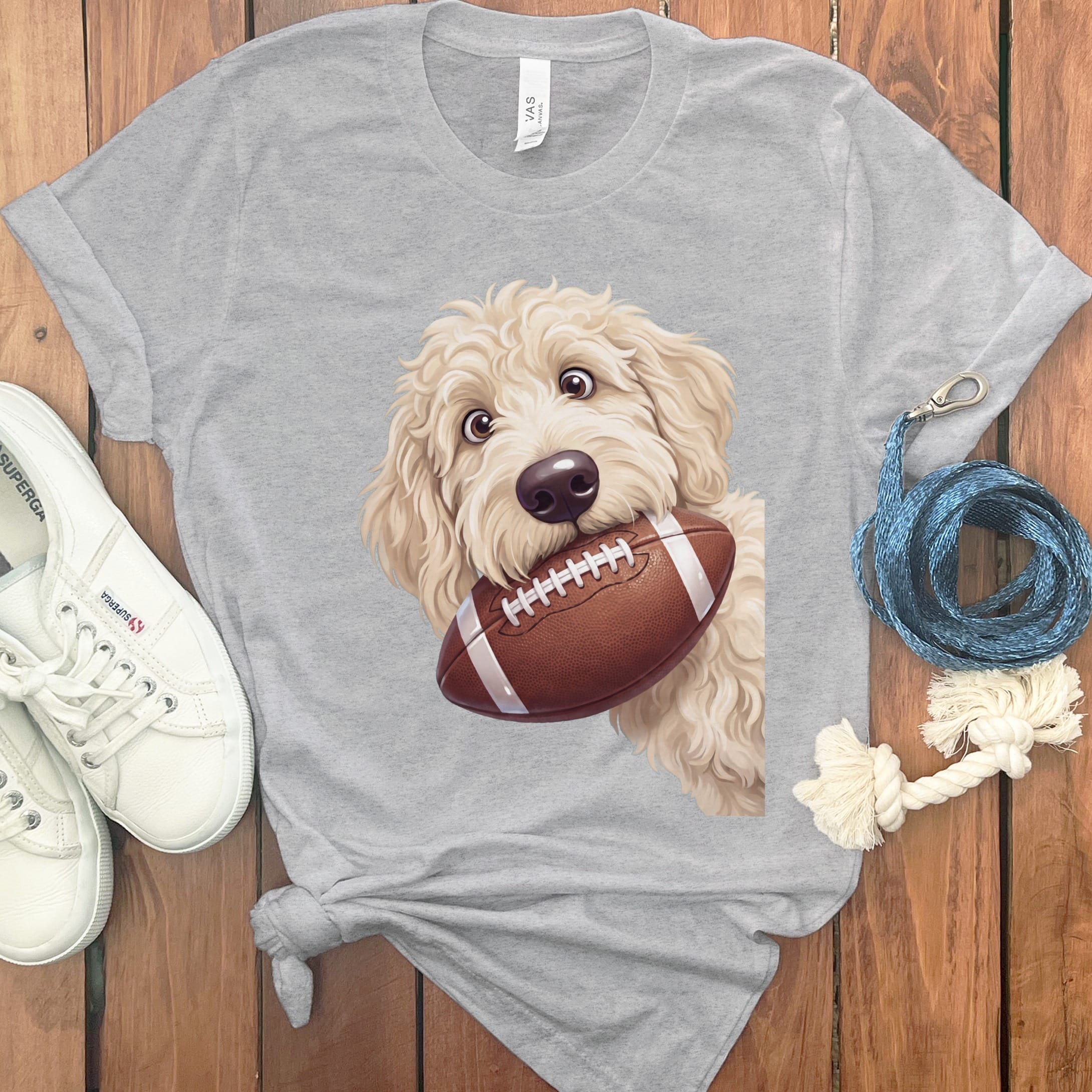 Cream Goldendoodle Football T-Shirt in Athletic Heather / S by Puppy Jo