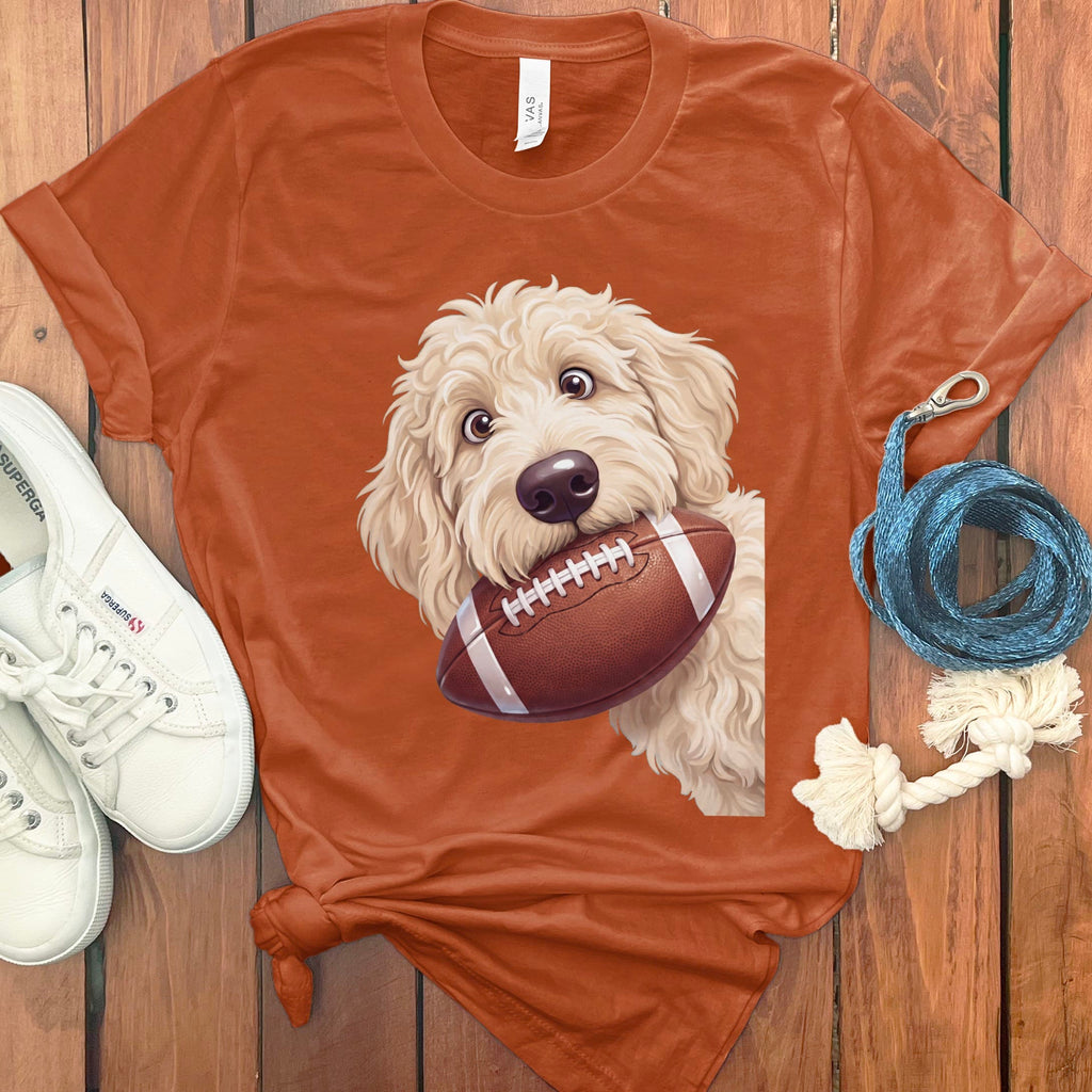 Cream Goldendoodle Football T-Shirt in Autumn / S by Puppy Jo
