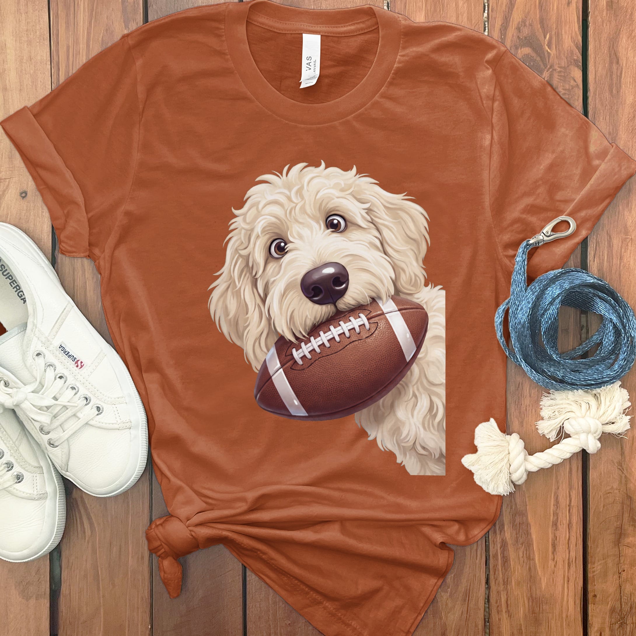Cream Goldendoodle Football T-Shirt in Autumn / S by Puppy Jo