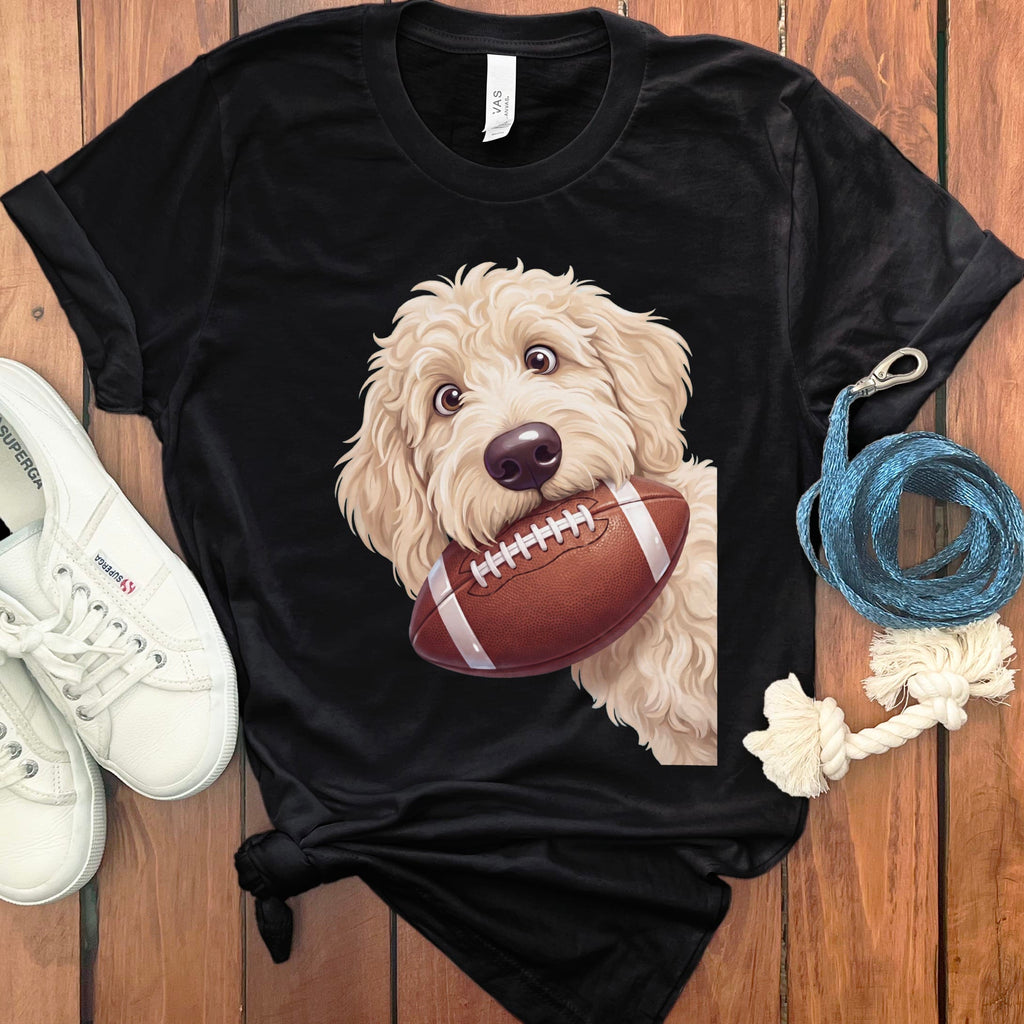 Cream Goldendoodle Football T-Shirt in Black / S by Puppy Jo