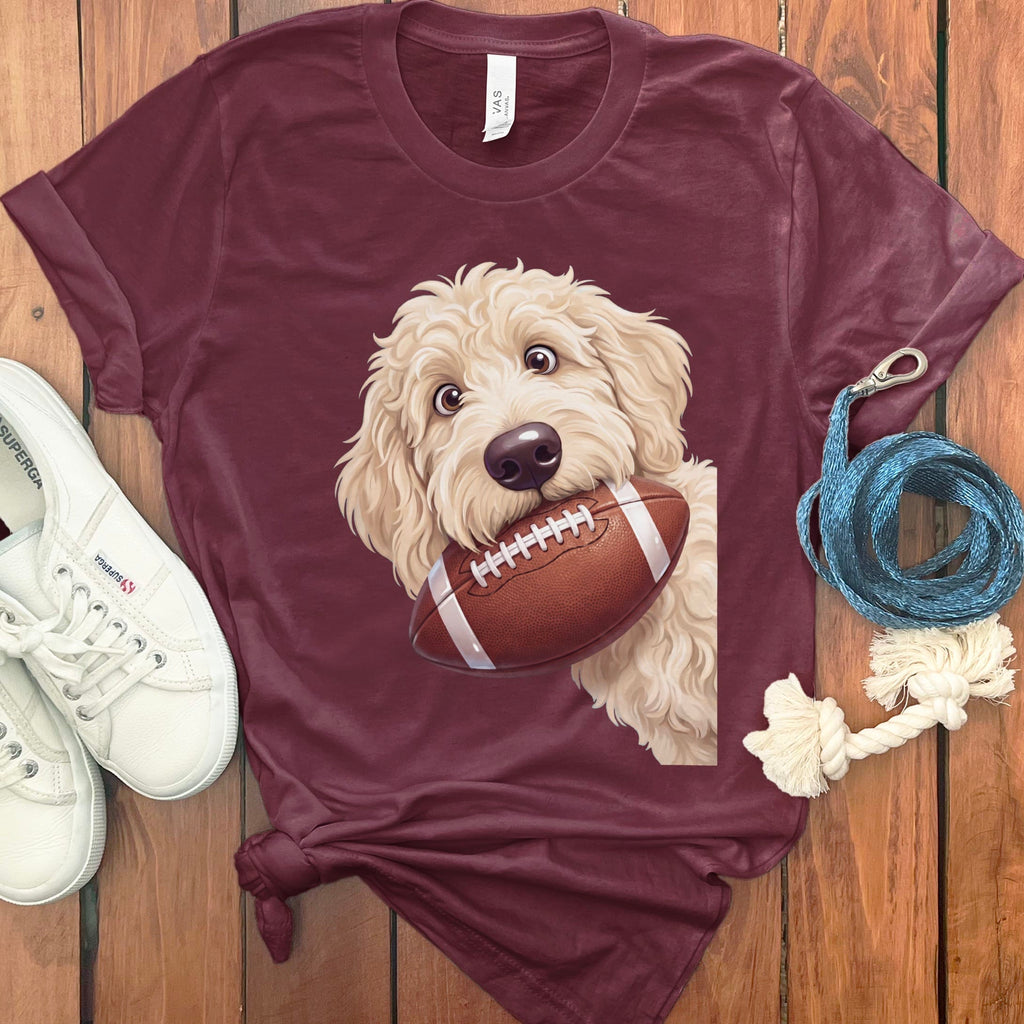 Cream Goldendoodle Football T-Shirt in Maroon / S by Puppy Jo