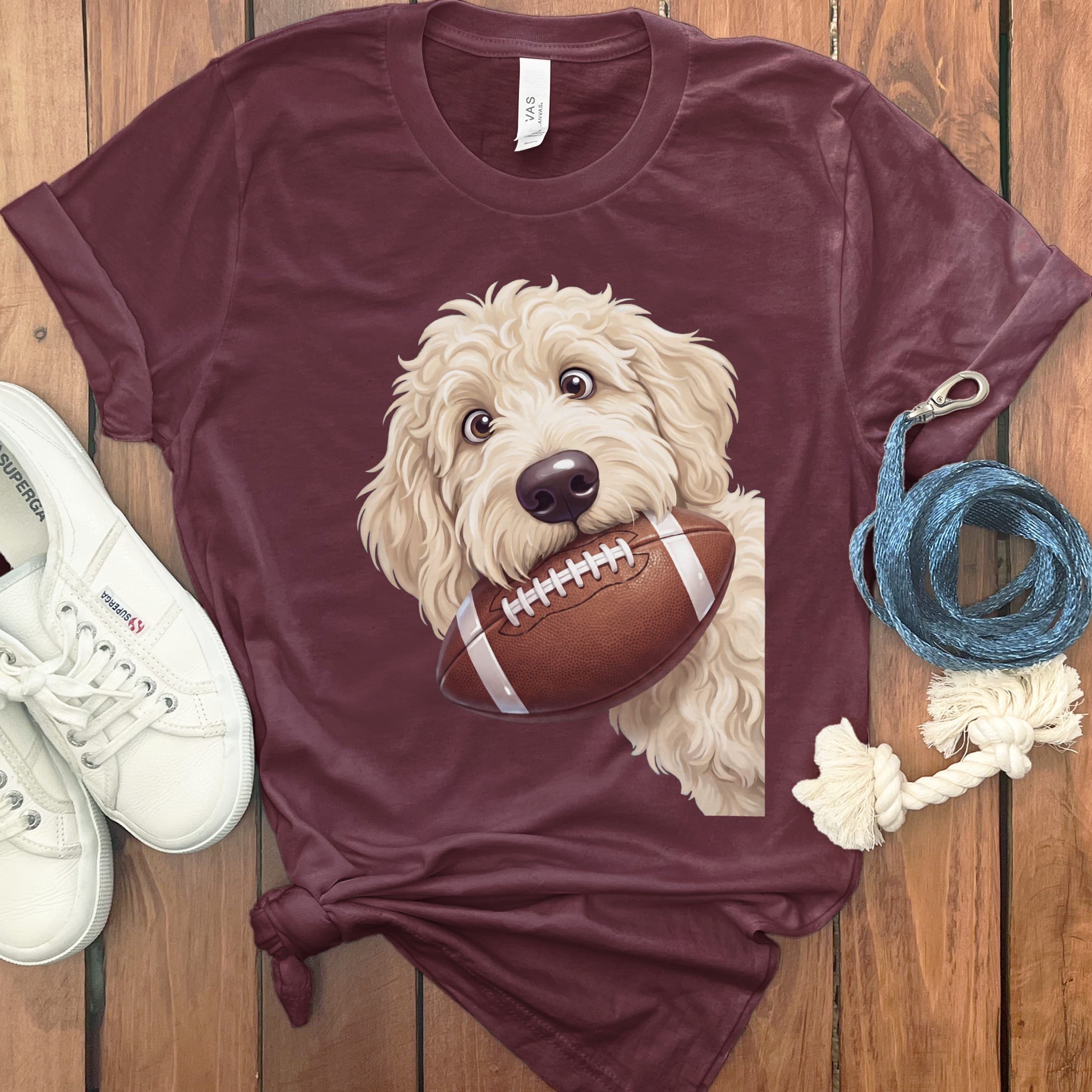 Cream Goldendoodle Football T-Shirt in Maroon / S by Puppy Jo