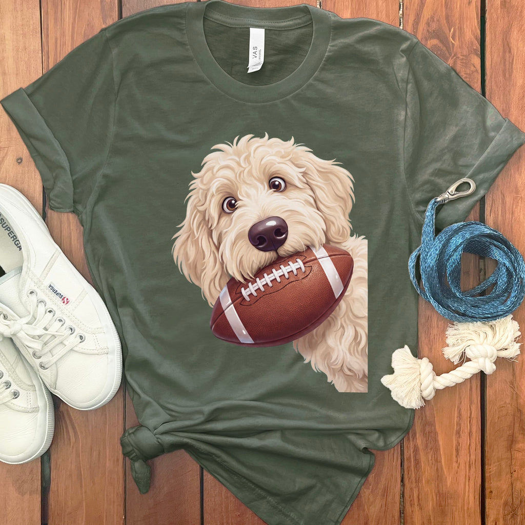 Cream Goldendoodle Football T-Shirt in Military Green / S by Puppy Jo