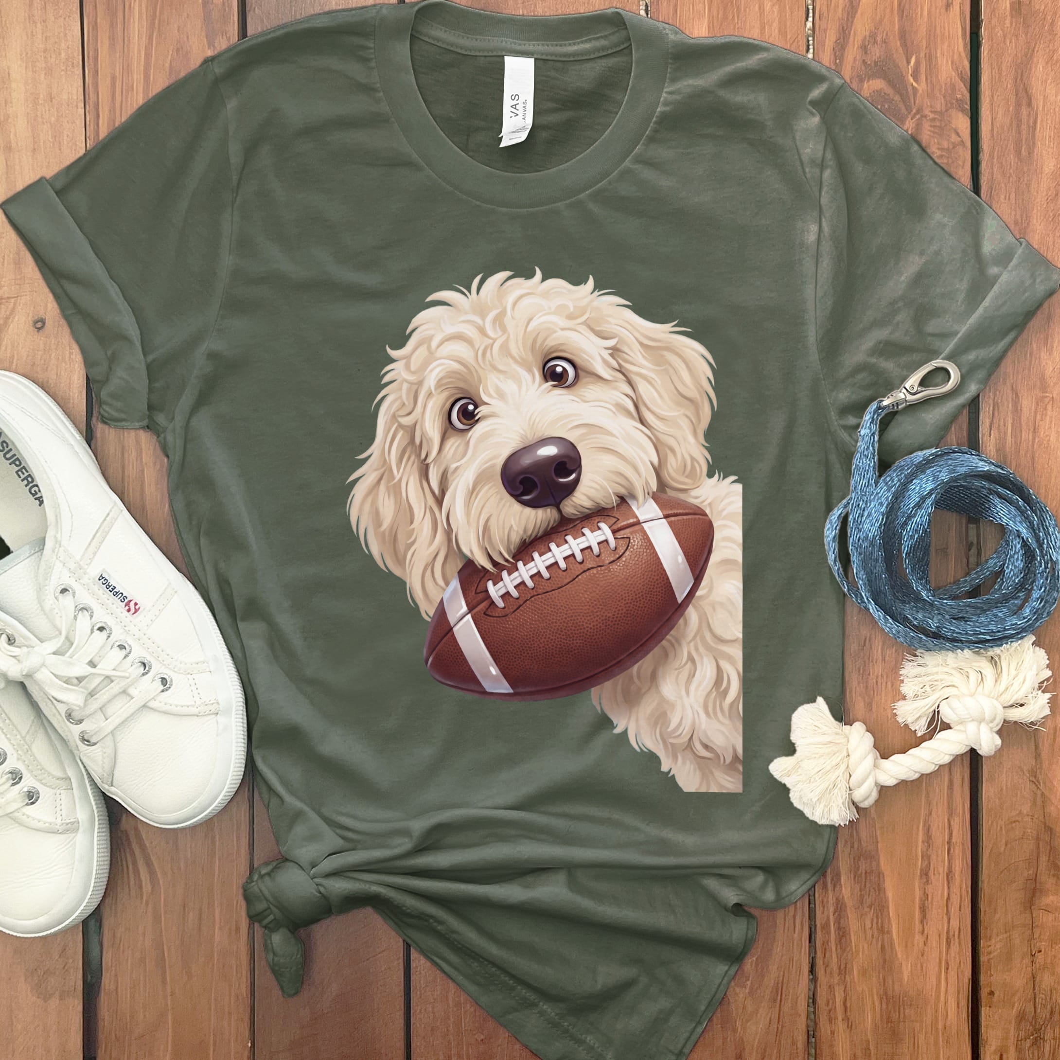 Cream Goldendoodle Football T-Shirt in Military Green / S by Puppy Jo