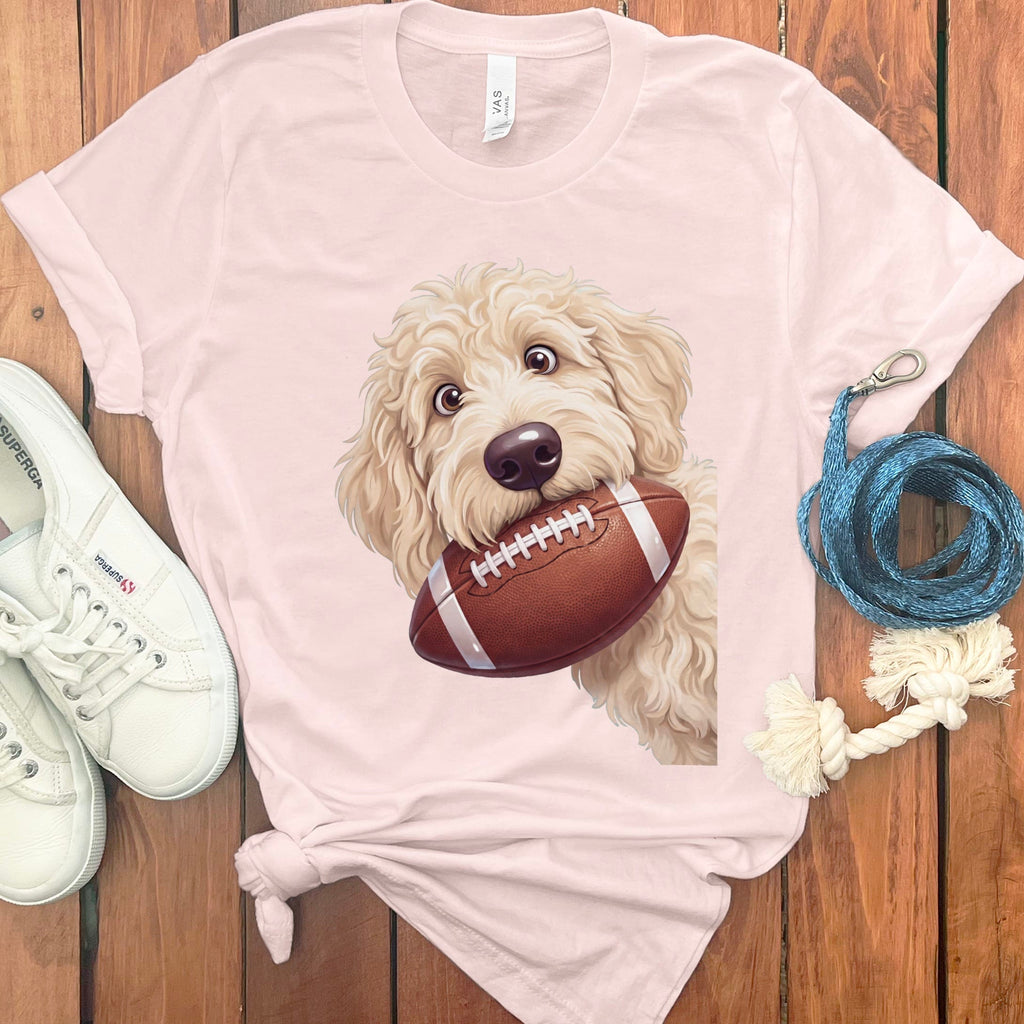 Cream Goldendoodle Football T-Shirt in Soft Pink / S by Puppy Jo